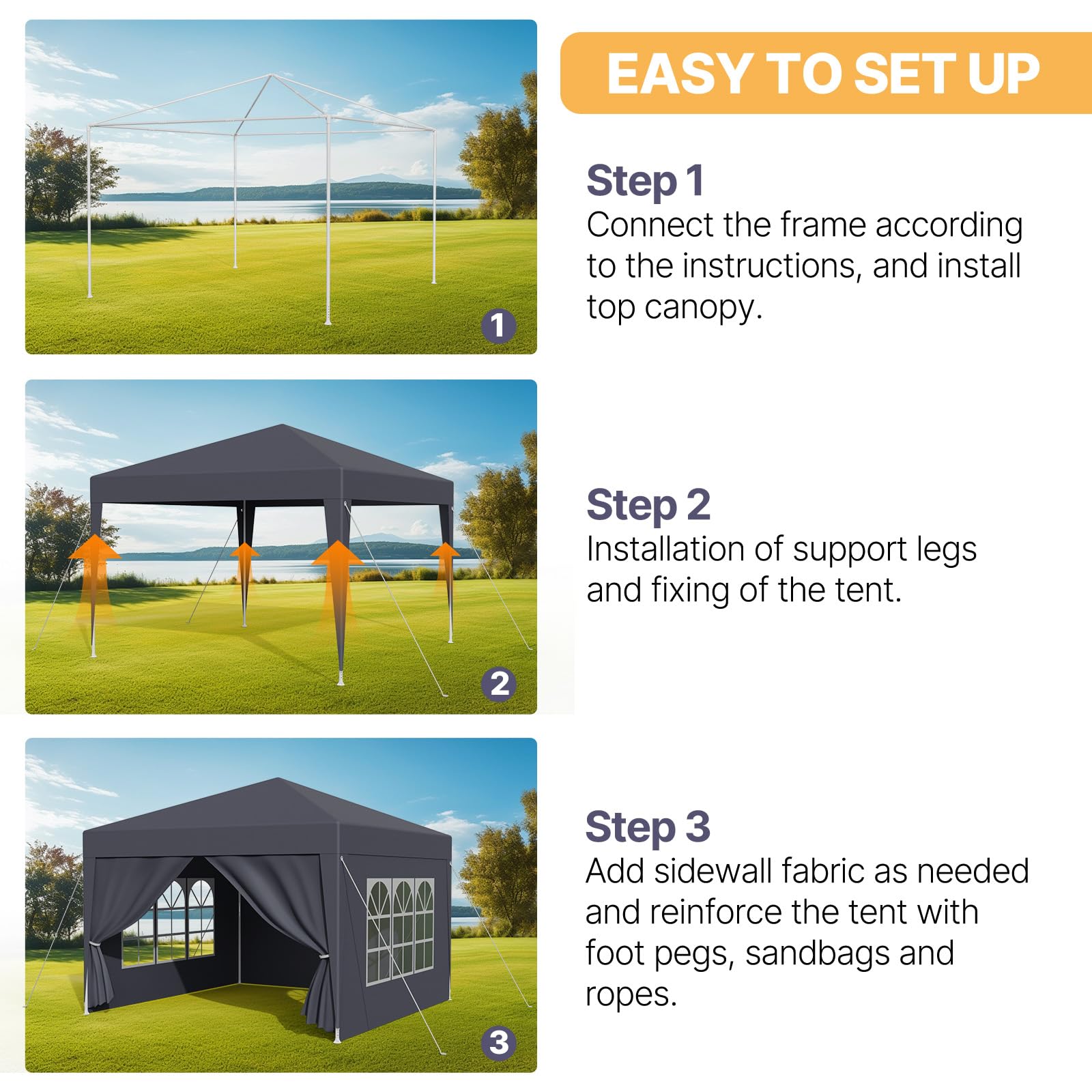 Tonnelle de Jardin 3x3, Pergola PE Imperméable avec 4 Parois Latérales, UV 50+, Tente de Fête, Auvent en Acier, Anthracite