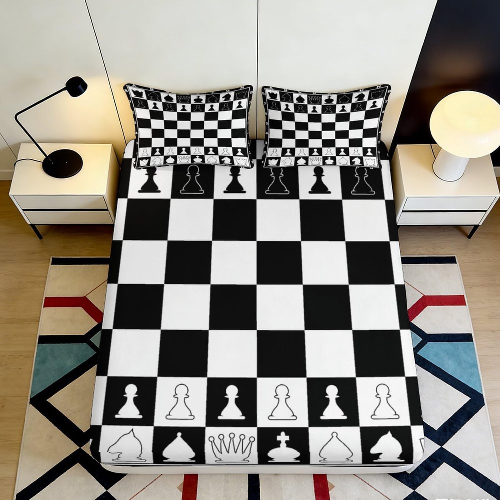 3D Printed Chess Board Fitted Sheet Microfiber Black White Chess Pieces Bed Sheet for Bedroom Guest Room Decor 90x200x25cm