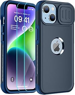 SUPFINE for iPhone 14 Case with Slide Camera Cover,[10 FT Military Grade Drop Protection] [2+Tempered Glass Screen Protector] Non-Slip Heavy Duty Full-Body Slim Shockproof Phone Case,Deep Blue