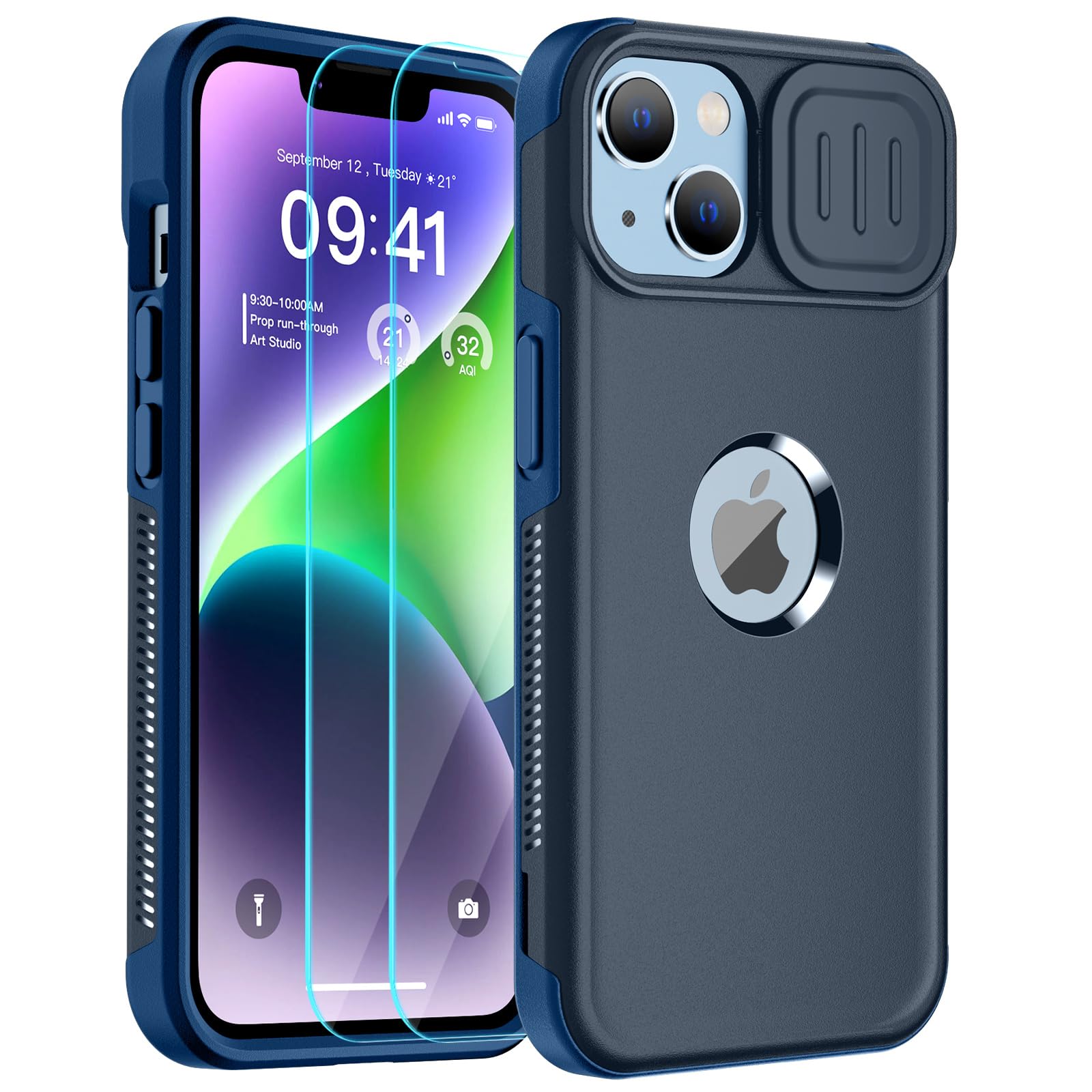 SUPFINE for iPhone 14 Case with Slide Camera Cover,[10 FT Military Grade Drop Protection] [2+Tempered Glass Screen Protector] Non-Slip Heavy Duty Full-Body Slim Shockproof Phone Case,Deep Blue