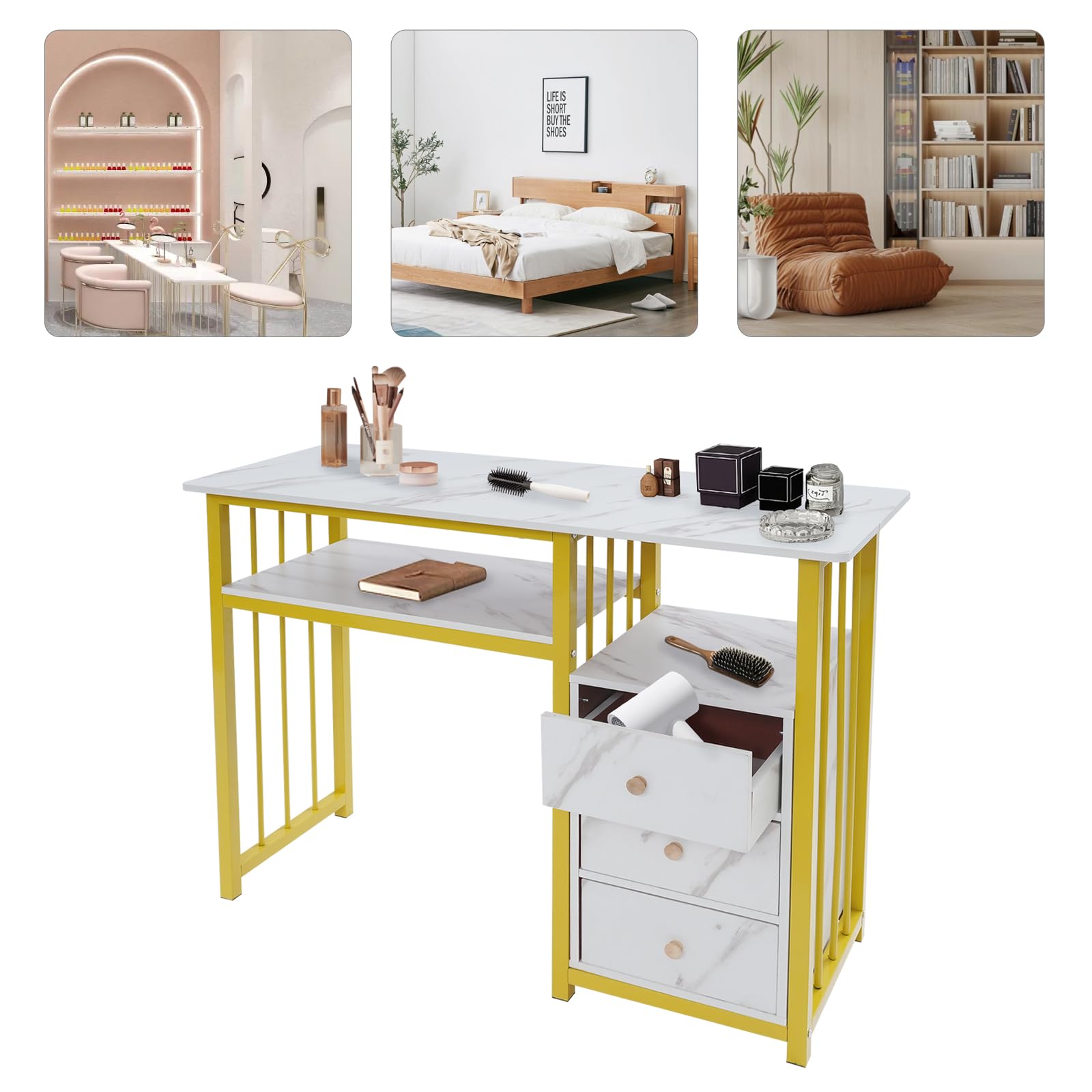Scrivania con 3 cassetti, tavolo per manicure, struttura marmorizzata, scrivania per computer, soggiorno, 2 scaffali aperti, per uffici, saloni di bellezza, 100 x 40 x 76 cm