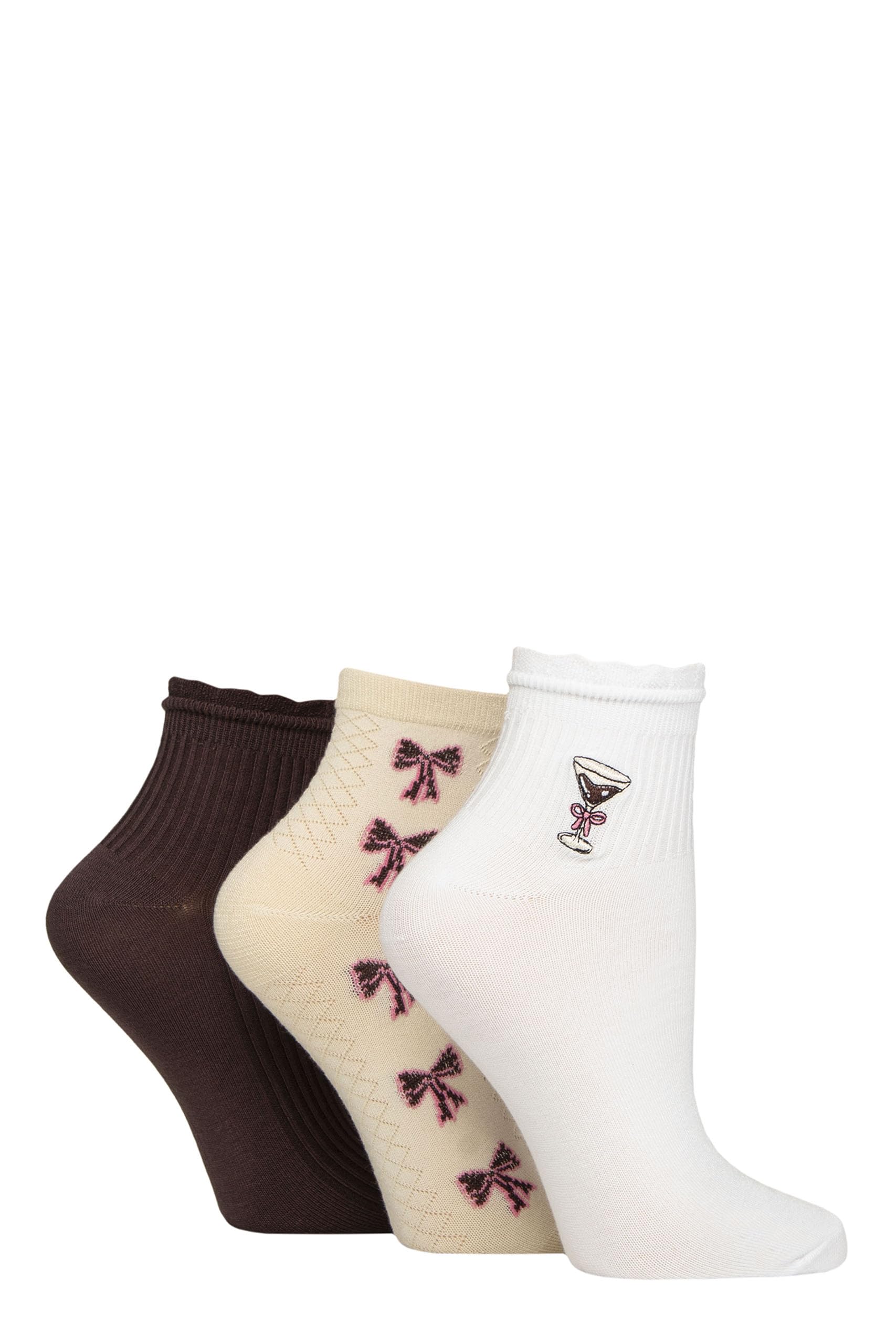 ELLE Ladies Bamboo Anklet Socks –3 Pack, Frill Cuff, Embroidered Motifs, Ribbed & Textured Weaves, Soft Breathable Cooling Material, Size 4–8 (UK, Numeric, 4, 8, Regular, Regular, Espresso Martini)