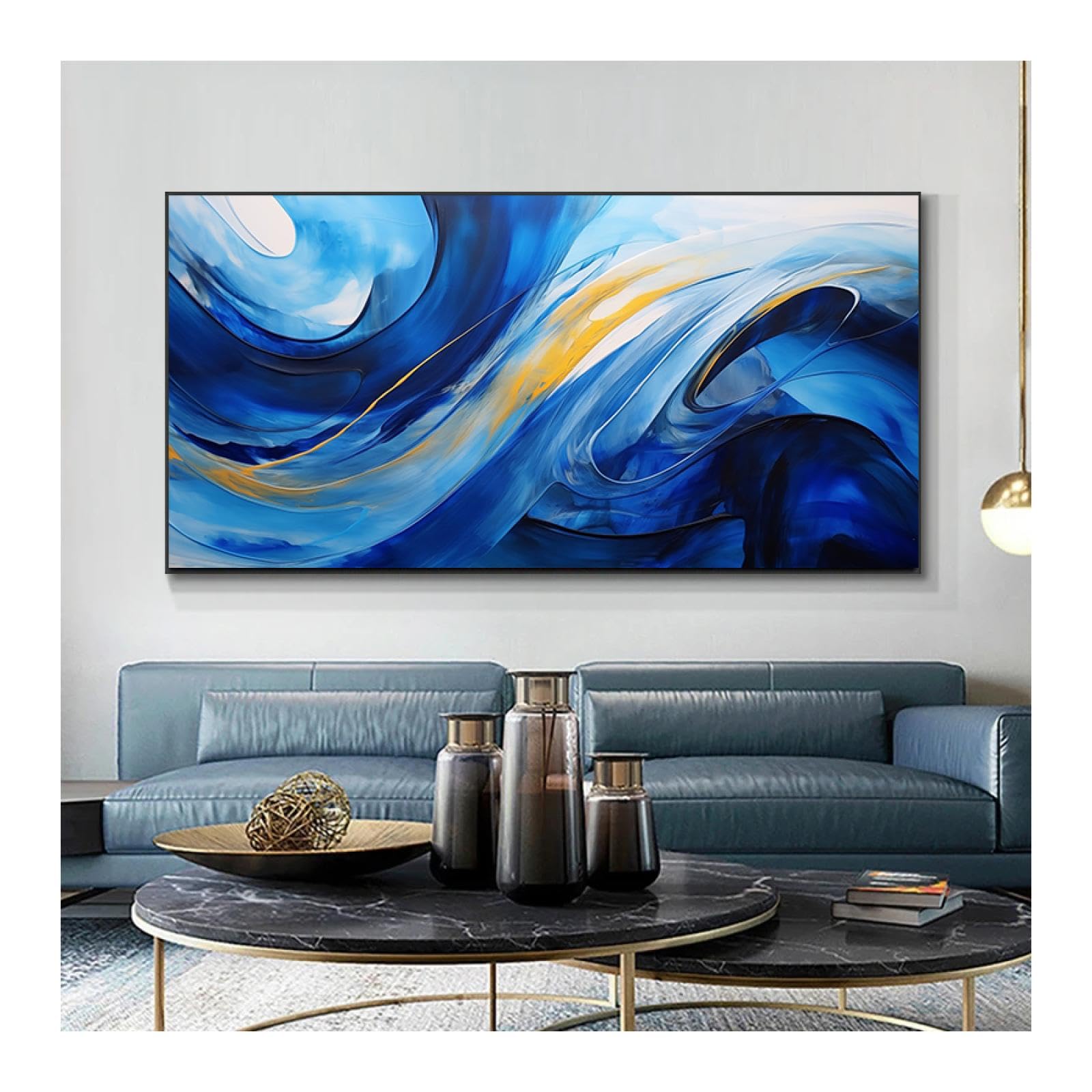 Art mural bleu doré abstrait 70x140 cm avec cadre moderne - 8