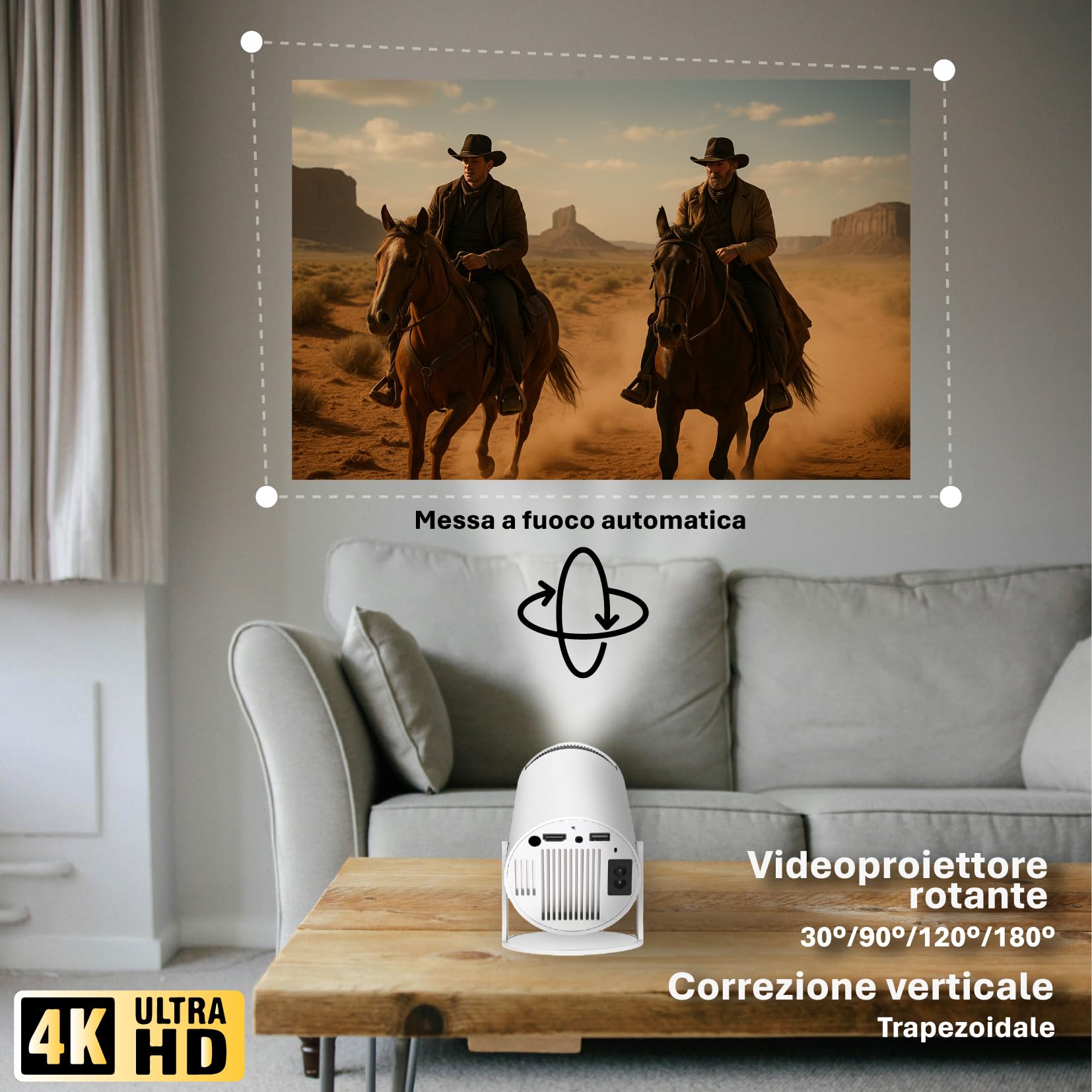 Proiettore Portatile 4K Supporto con Giochi Retro e Controller Wireless – Proiettore Esterno Casa con Wifi 6, BT 5.0, 1080P, Rotazione 180°, 1000 Lumen, Altoparlante Integrato e controller wireless