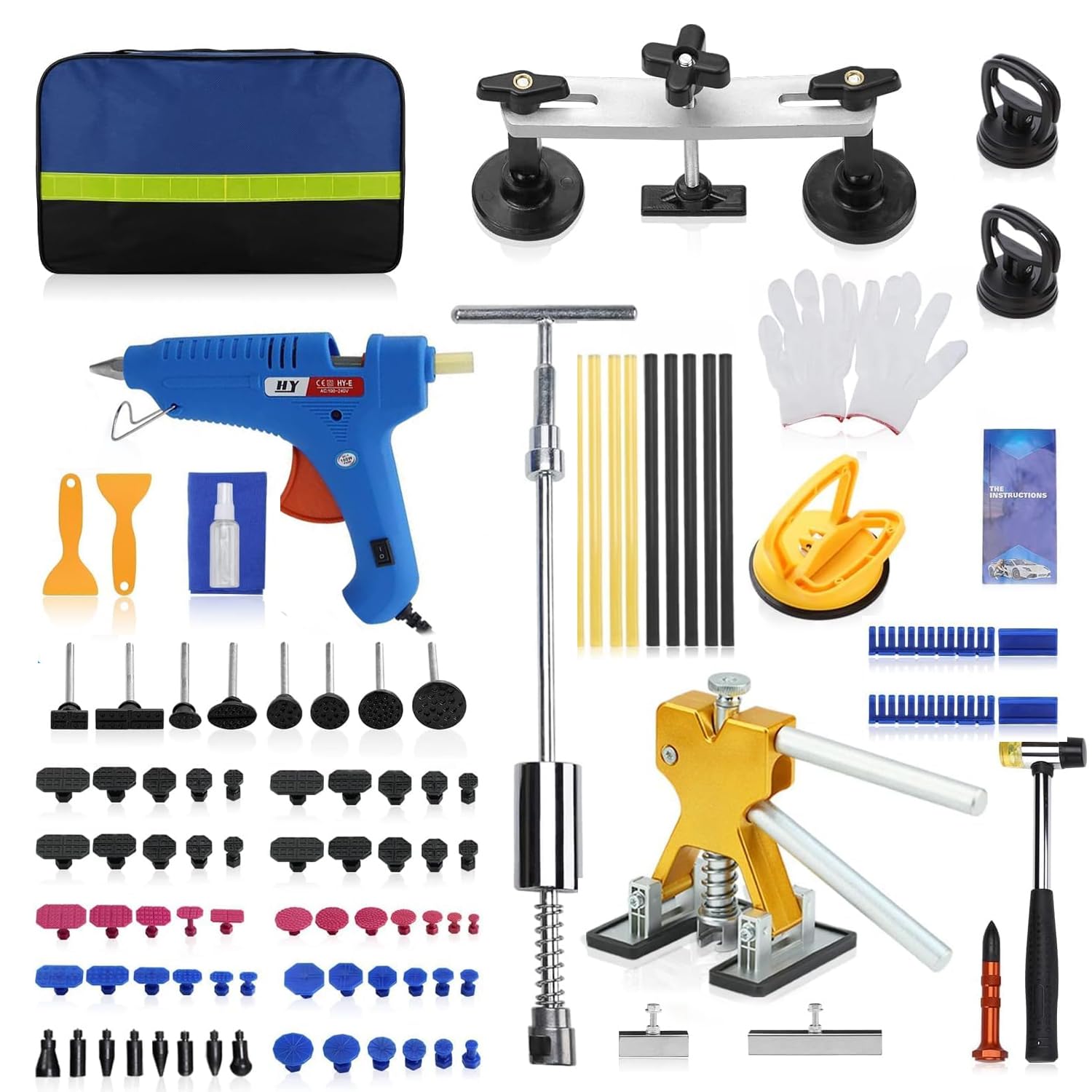 RVGIVE 100 PCS Car Dent Puller Kit Professional,Dent Puller with Bridge Puller,Golden Lifter,2-in-1 T-Shaped Hammer Puller,Glue Gun,for Repairing Minor and Deep Dents in Auto.