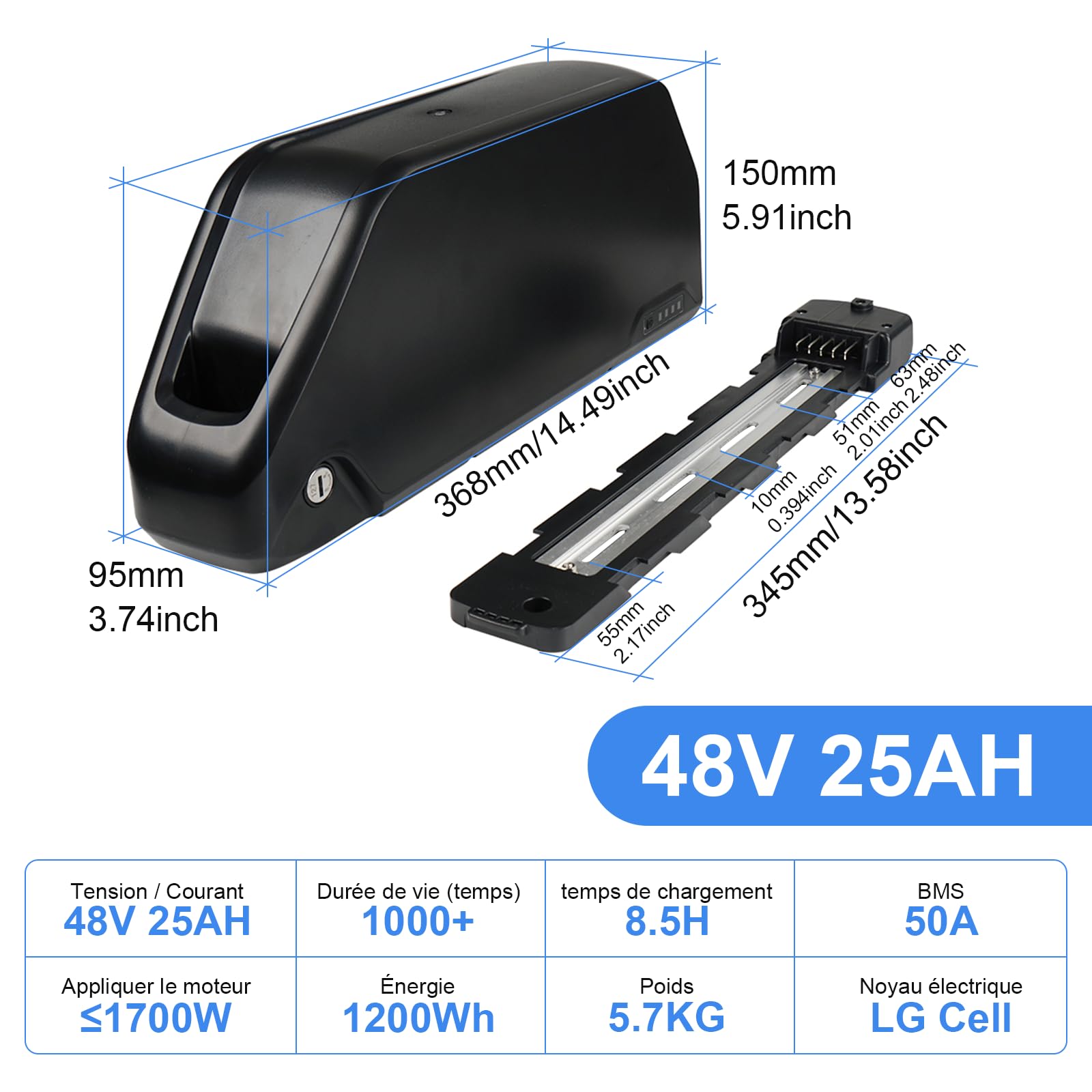 48V 25Ah Batterie Velo Electrique, Batterie vélo électrique avec BMS 50A, Chargeur Rapide, Batteries 48v Lithium ION pour Roue de Conversion Bafang 250W-1700W et Autres vélos électriques