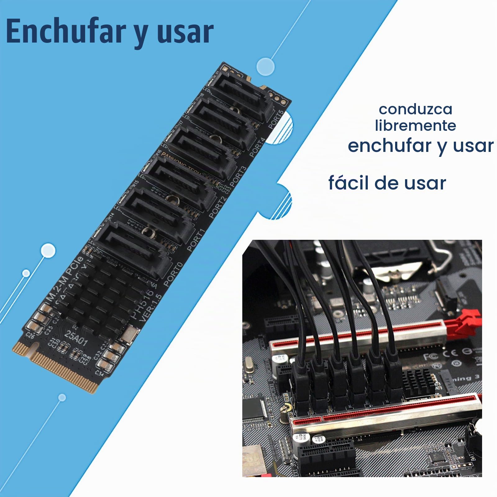 M.2 a SATA3.0, Tarjeta de Expansión, 6 Puertos Controlador SATa 3.0 Tarjeta de Expansión PCIe para Chip ASM1166, Tarjeta Adaptadora PCIE3.0 X2 16 Gbps, SATA3.0 6 Gbps X 5 Compatible con 6 Dispositivos