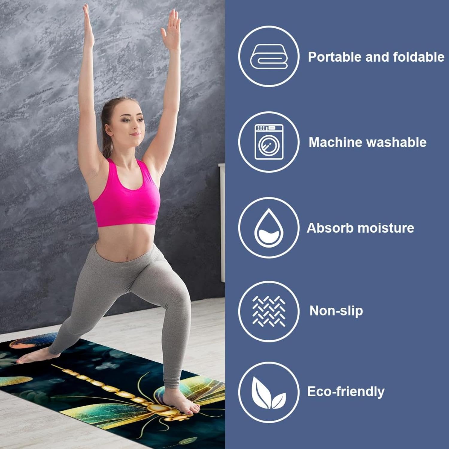 Yoga Towel, Dragonfly Pattern Non Slip Sweat Absorbent Hot Yoga Mat Towel for Hot Yoga, Pilates and Fitness - 72.8" x 26.8"