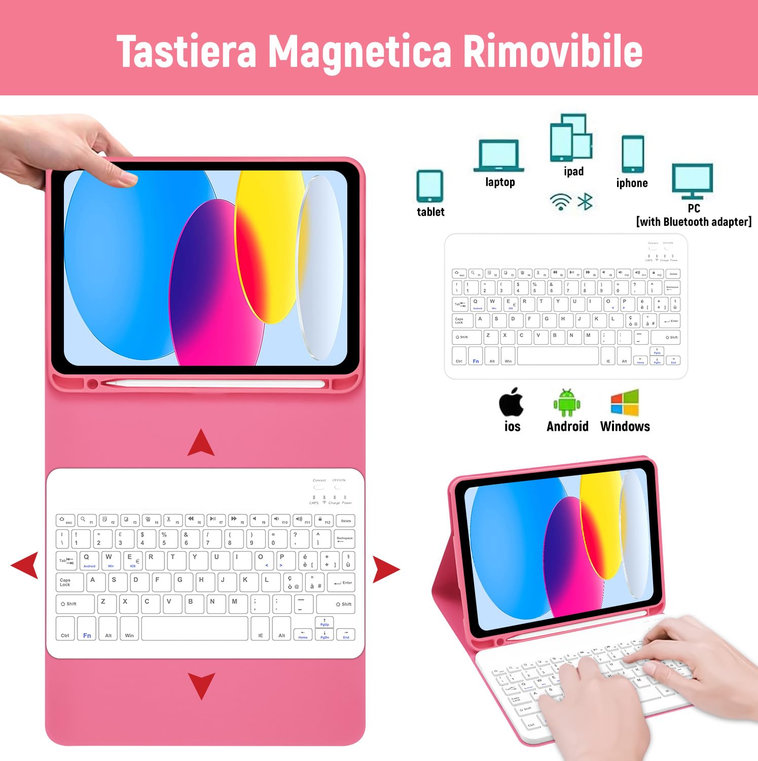 Lielax Tastiera Custodia per iPad 10a Generazione 10.9“2022, Italiano QWERTY Rimovibile Bluetooth Tastiera per ipad 10 Generazione, Custodia con Supporto Pencil per iPad 10 Gen 2022, Rosa