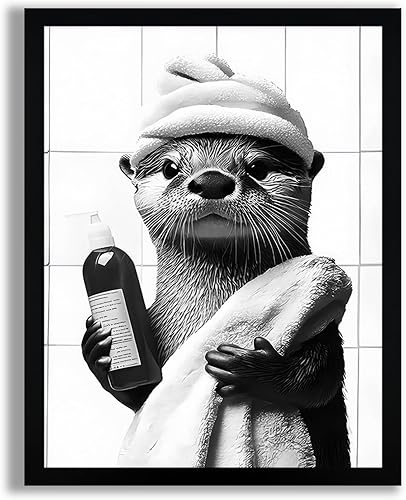 SYWENNOI Lienzo enmarcado en blanco y negro para la pared, diseño de nutria divertida se está preparando, decoración de pared de baño, impresiones
