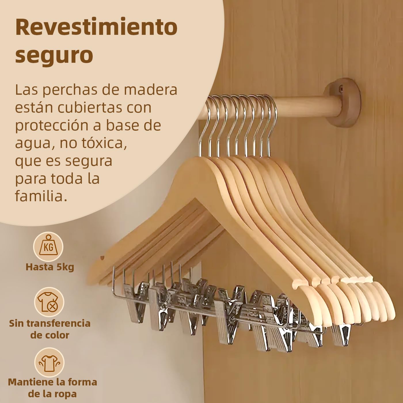 ACCRUX- Perchas de Madera con Pinzas de Metal, Madera Natural con Muescas Antideslizantes para Camisas, Trajes, Pantalones. Diseño Elegante y Ergonómico con Gancho de Acero Giratorio. (6 Unidades)