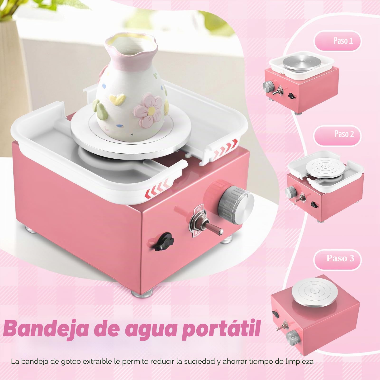 Mini Rueda de Cerámica, 2000RPM Máquina Eléctrica de Cerámica con Lavabo Extraíble de ABS y Placas de 10/6,5 cm y para cerámica de Arcilla, Kit Ceramica para Niños, Adultos Y Principiantes