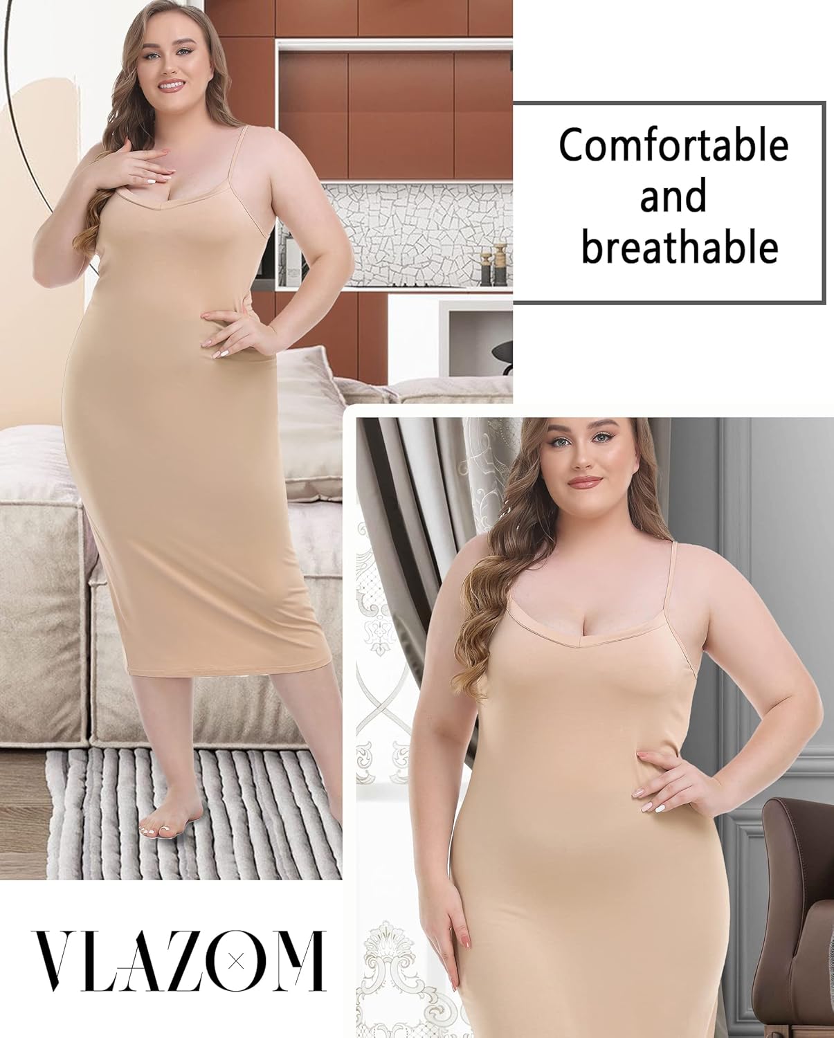 Vlazom Women's Plus Size Full Slip Dresses Adjustable Spaghetti Strap Under Dresses Long Nightgown V-Neck Cami Dress - Image 4
