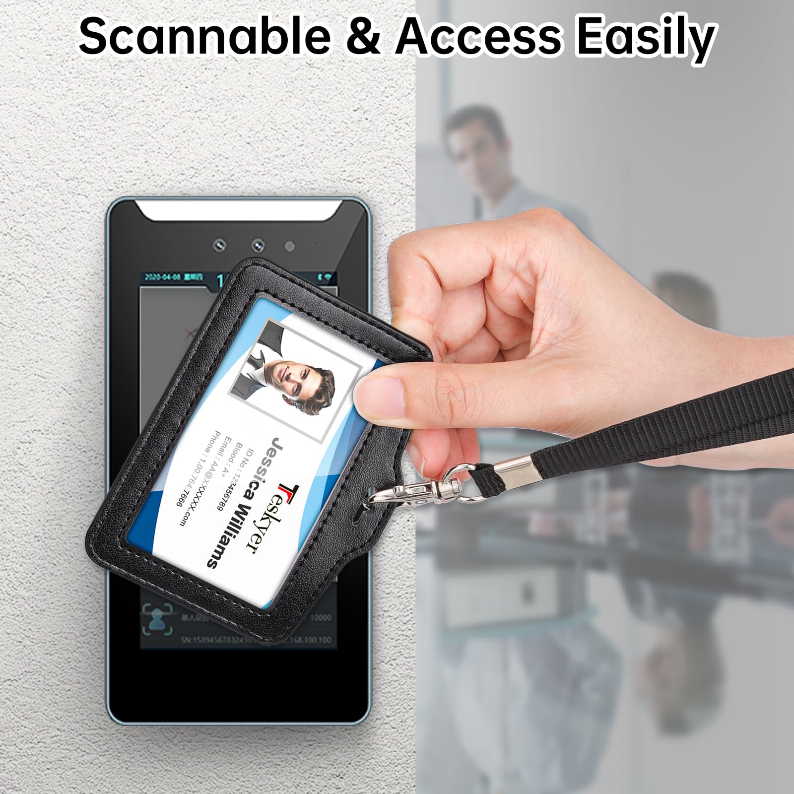 Teskyer Card Holder with Lanyard, ID Badge Holder, Oyster Card Holder with Clear Window, 2 Cards PU Leather, Beige