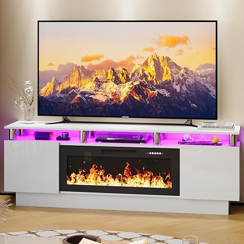 LEMBERI 70 Inches Fireplace TV Stand for TVs up to 80 Inches with 36'' Electric Fireplace & Remote, Modern Entertainment Center with Luxury LED Light,Woodeen TV Console for Living Room