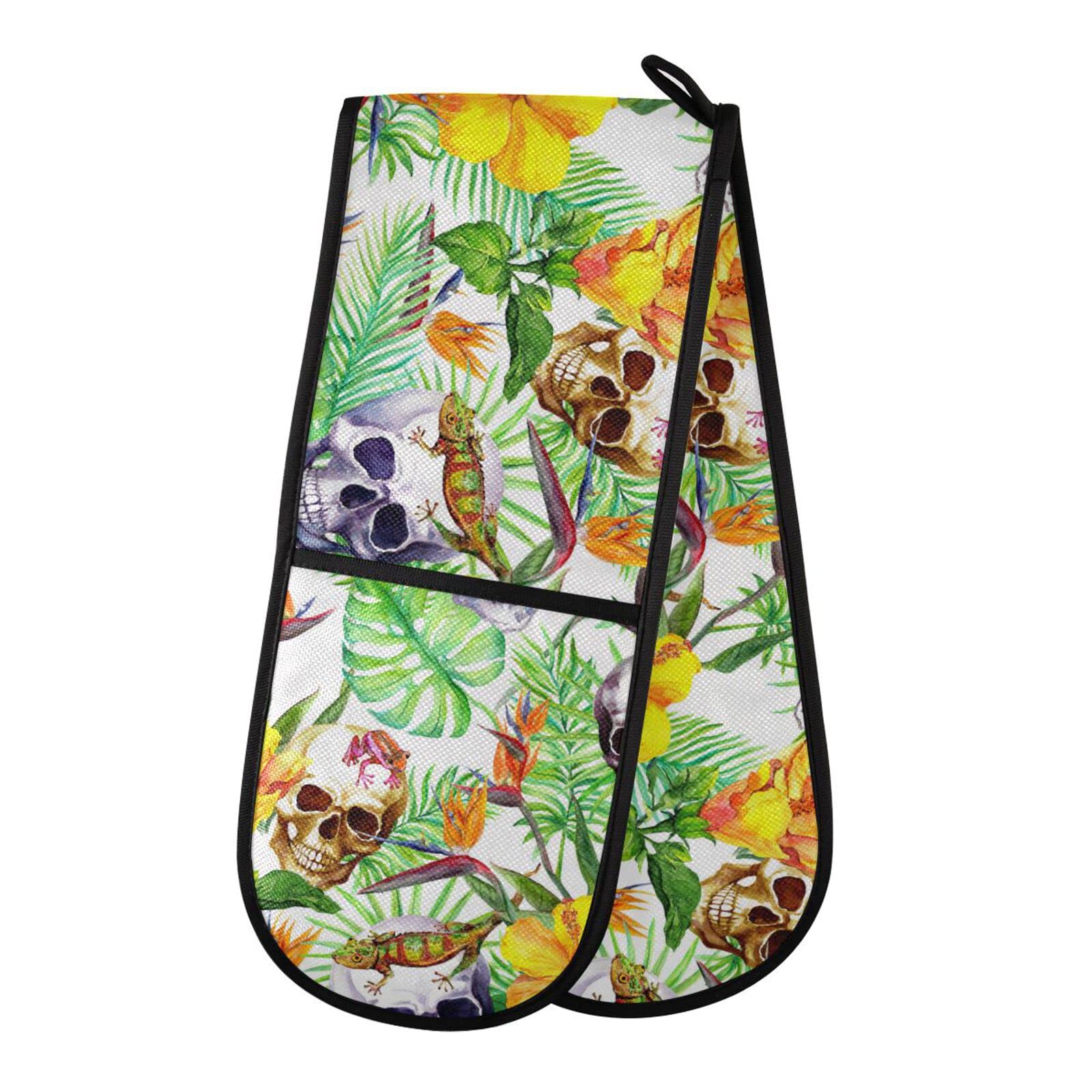 Double Oven Glove Tropical Palm Leaves Sugar Skull Heat Resistant Double Ovens Mitt Modern Cooking Gloves Potholders