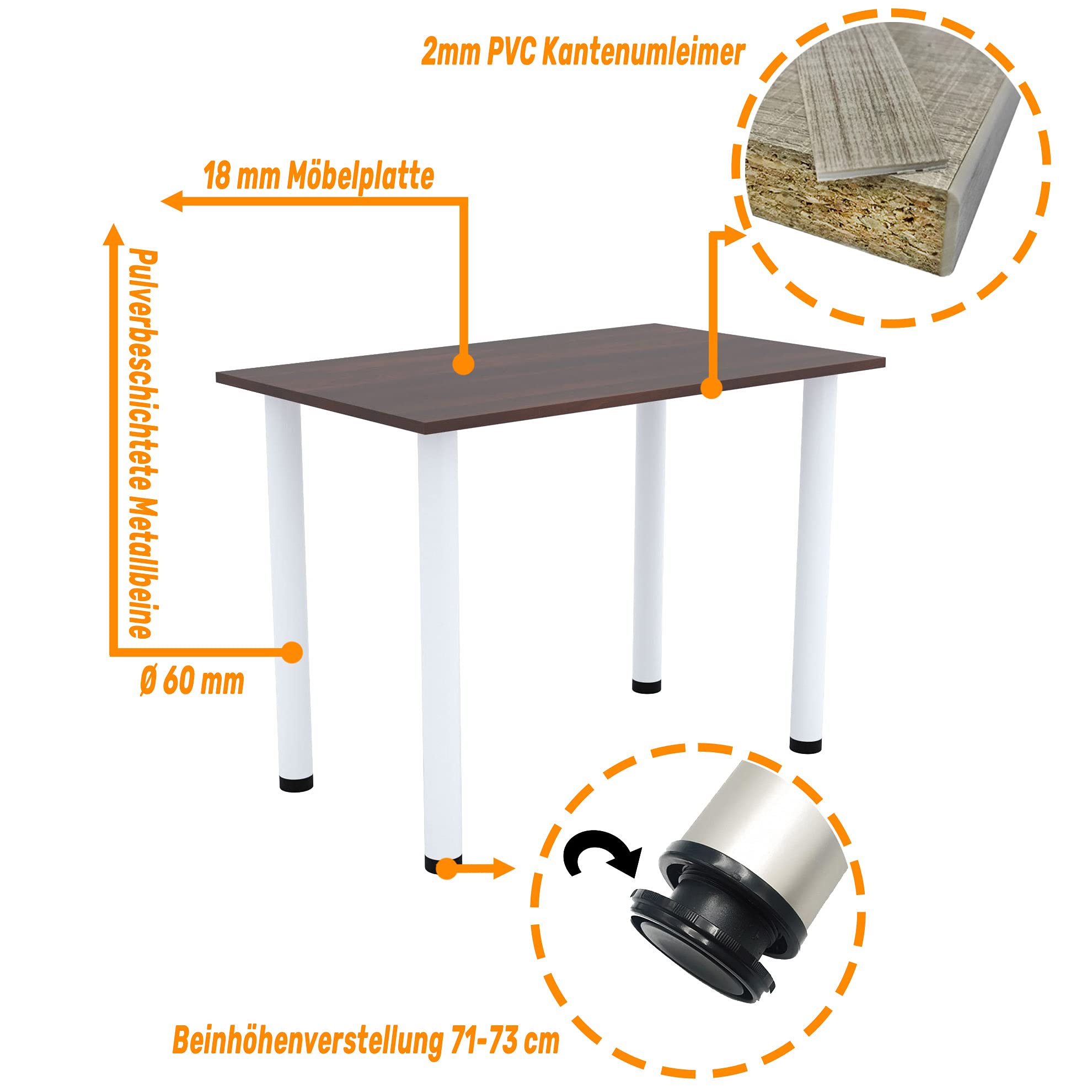 AKKE 100 x 60 cm - Table de salle à manger - Table à manger avec pieds blancs - Table de cuisine - Table de bureau - Noyer