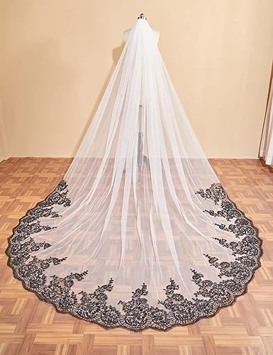 Miniatura 2 de EllieWely 1 T Catedral Longitud Negro Lentejuelas Encaje Novia Velo de Novia F49