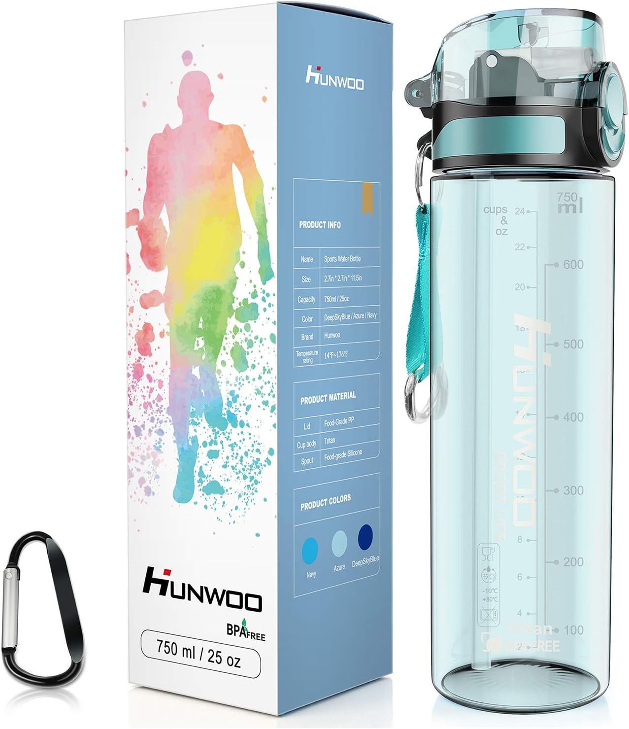 Hunwoo Updated 2019 Version Young Fashion Sports Water Bottle 25OZ Tritan Water Bottle with Straw Lid and Flex Cap (Fast Flow, BPA Free, Leakproof, Convenient and Portable)