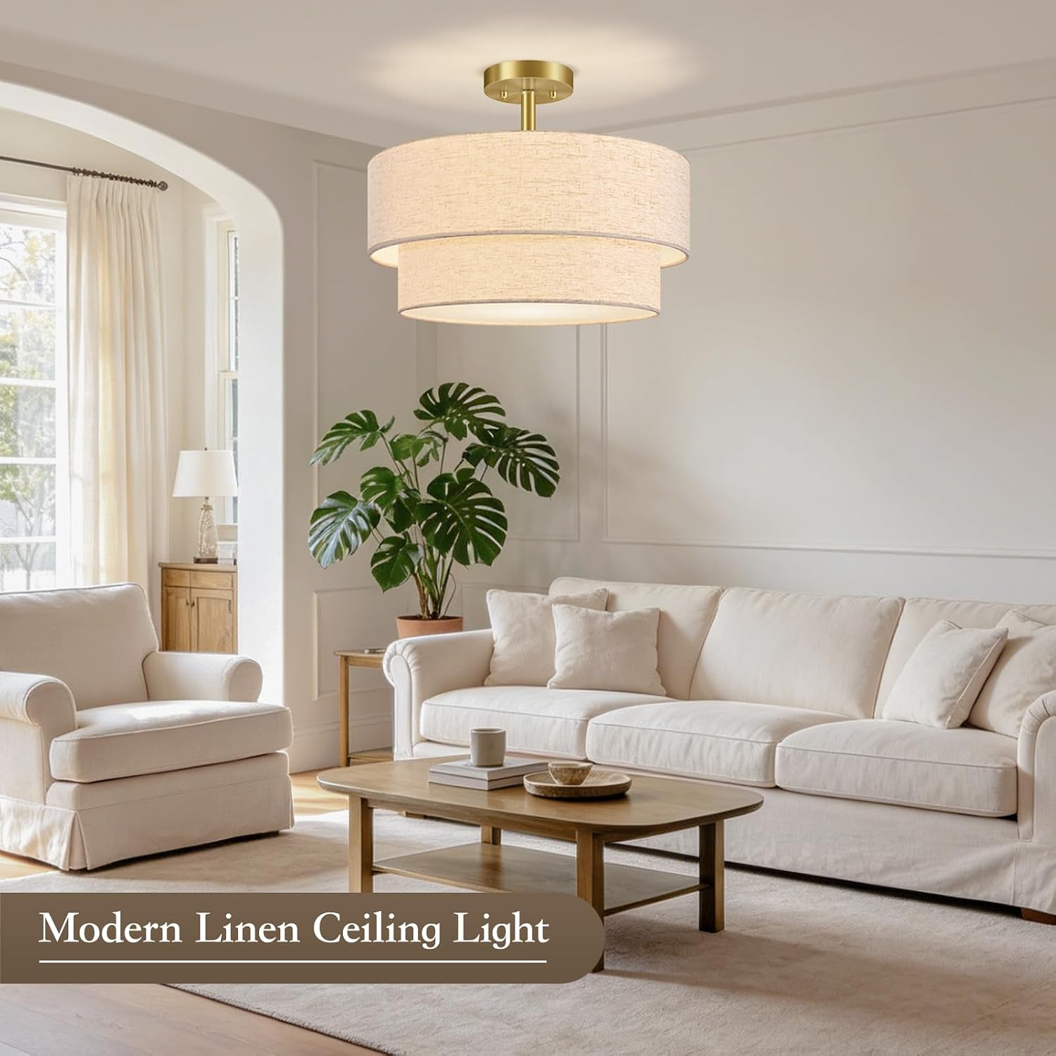 AUQUEE 16.5" Semi Flush Mount Ceiling Light, 3-Light Gold Ceiling Light Fixture with Linen Fabric Shade, Double Drum Modern Close to Ceiling Light for Bedroom, Hallway, Kitchen, Entryway, Dining Room