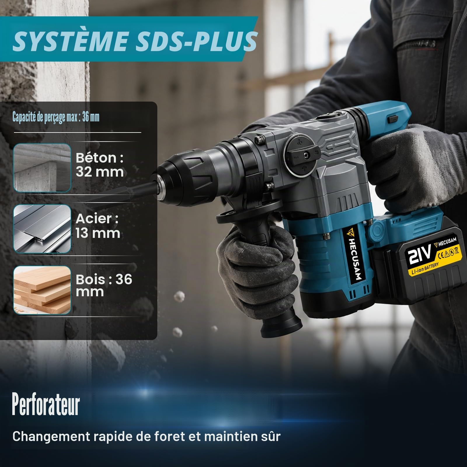 SDS Plus Marteau de Démolition Professionnel 8J, 3000W Moteur sans balais, Perforateur sans fil avec 2 batteries de 4,5 Ah, embrayage de sécurité et Anti-vibration, Inclut Sac à Outils et Burins