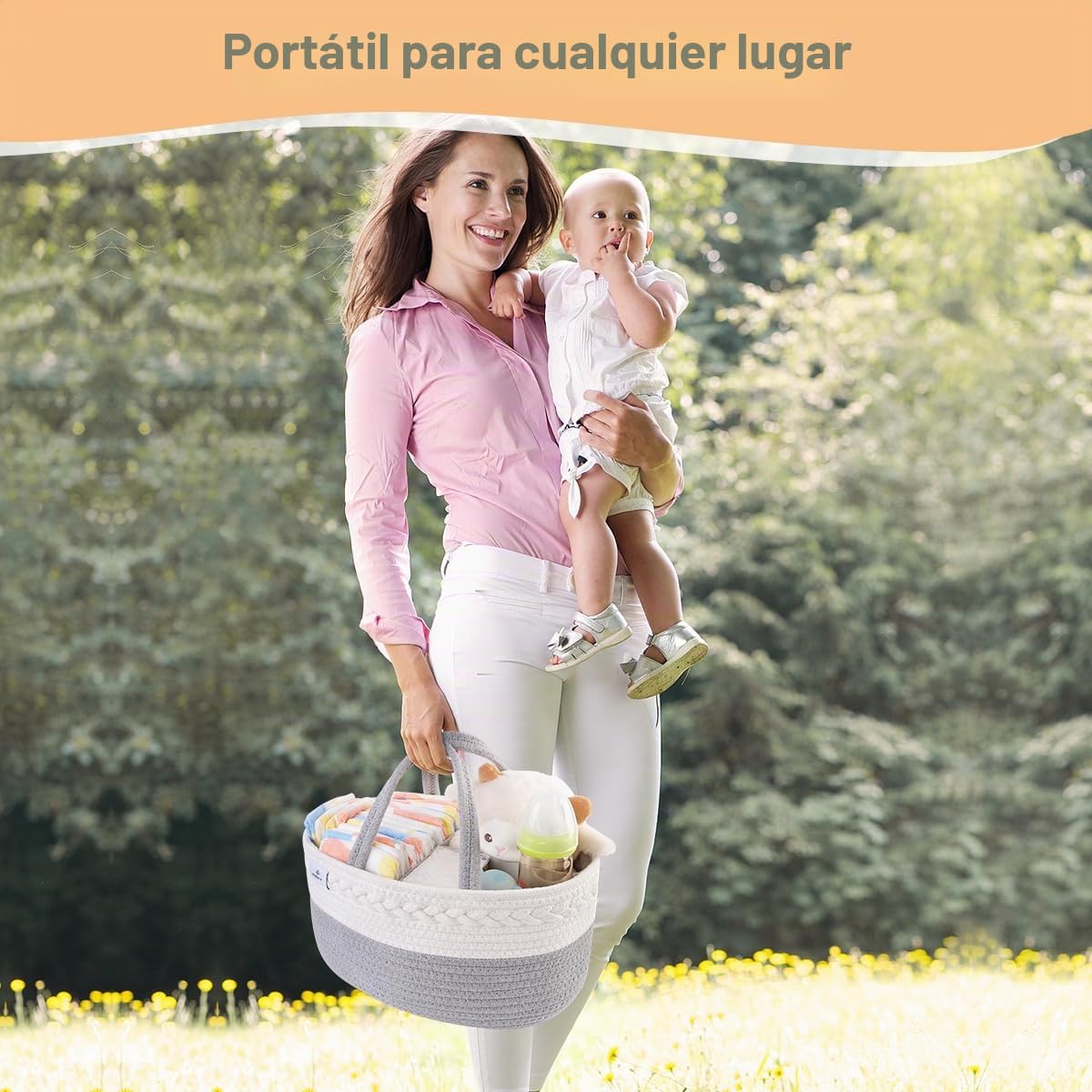 PHILORN Organizador de Pañales para Bebé, Canasta de Almacenamiento Portátil de Pañales Tejidos con Cuerda de Algodón con Compartimentos Extraíbles, Organizador de Carrito de Pañales para Bebés
