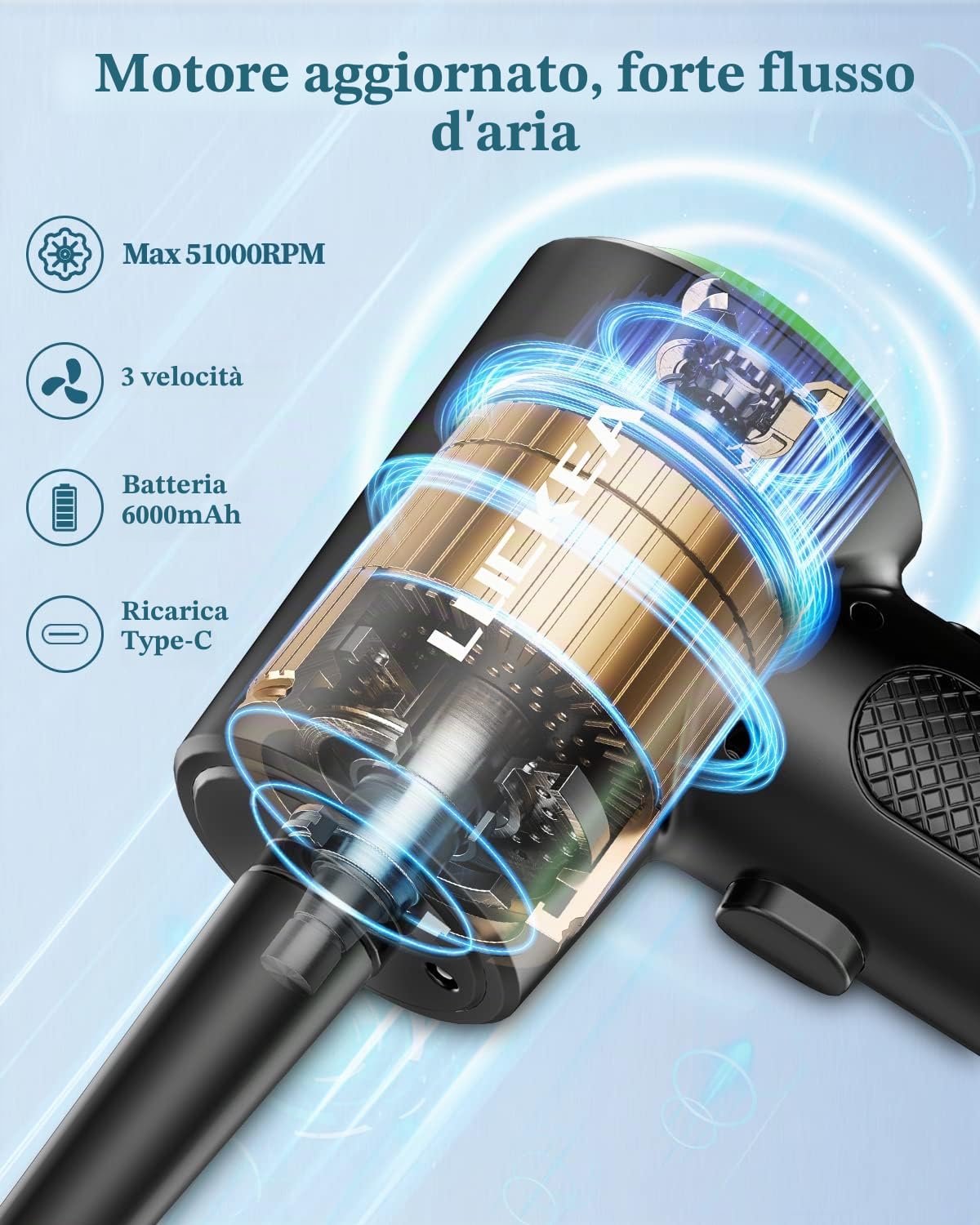 LUCKEA Elettrico Rimuovi Polvere Aria Compressa Senza Fili - 3 Velocità Compressore Aria Portatile Set di Pulizia per Computer, Laptop, Auto, Apparecchiature da Ufficio