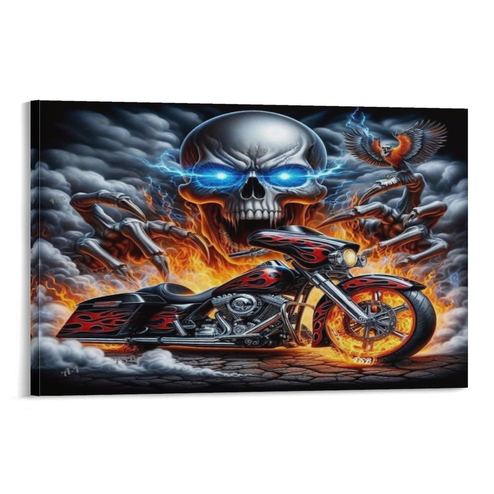 CPLVKWRQJ Skull Motorcycle Art Single Fiery Skull Motorcycle Smoke Storm Artwork Canvas Wall Decor - Kitchen Removable Wall Art Multi-Purpose Focal Point Decor 20x30inch(50x75cm)
