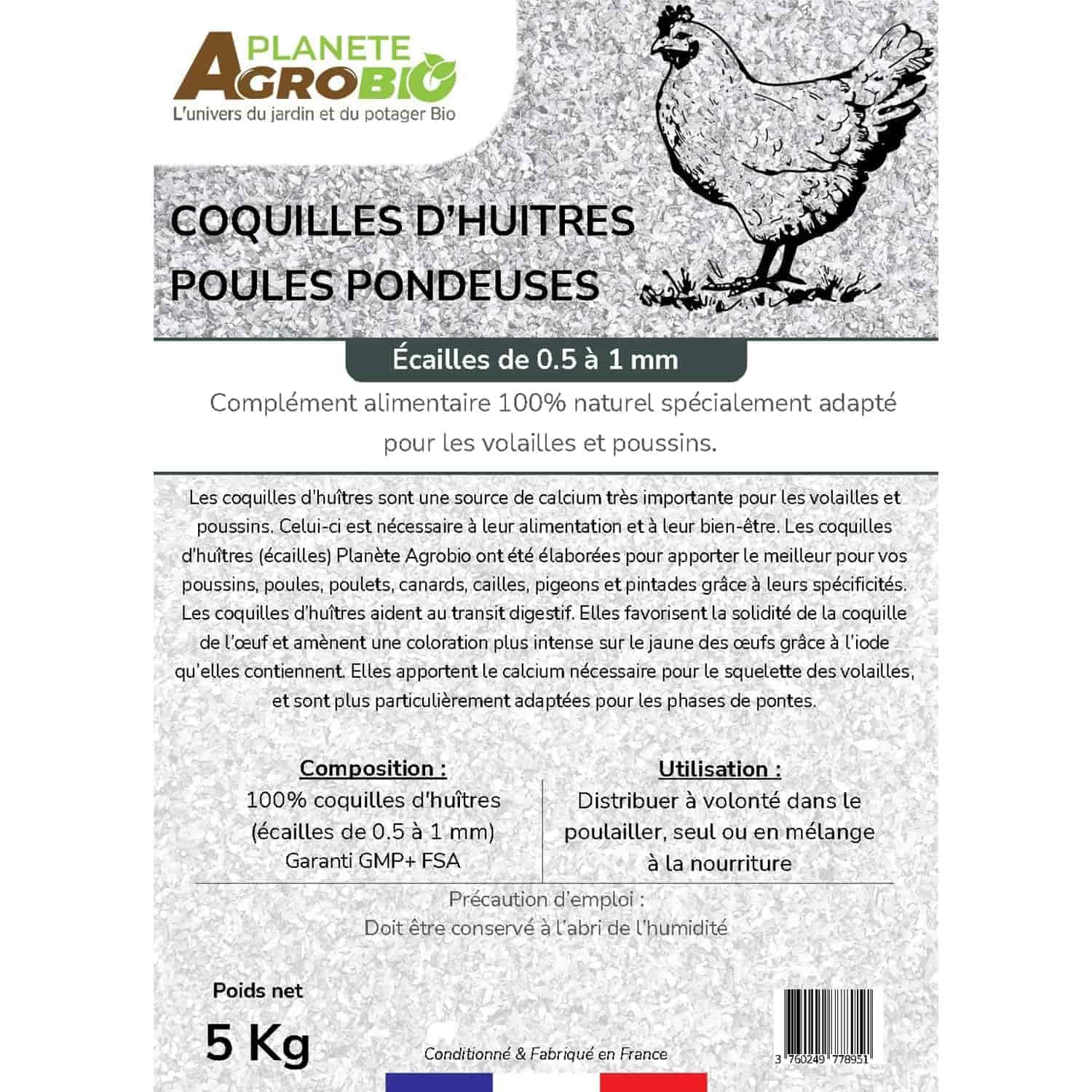 Coquilles d'Huîtres pour Poules Pondeuses broyage Fin, granulométrie de 0,5 à 1 mm (5 Kg)