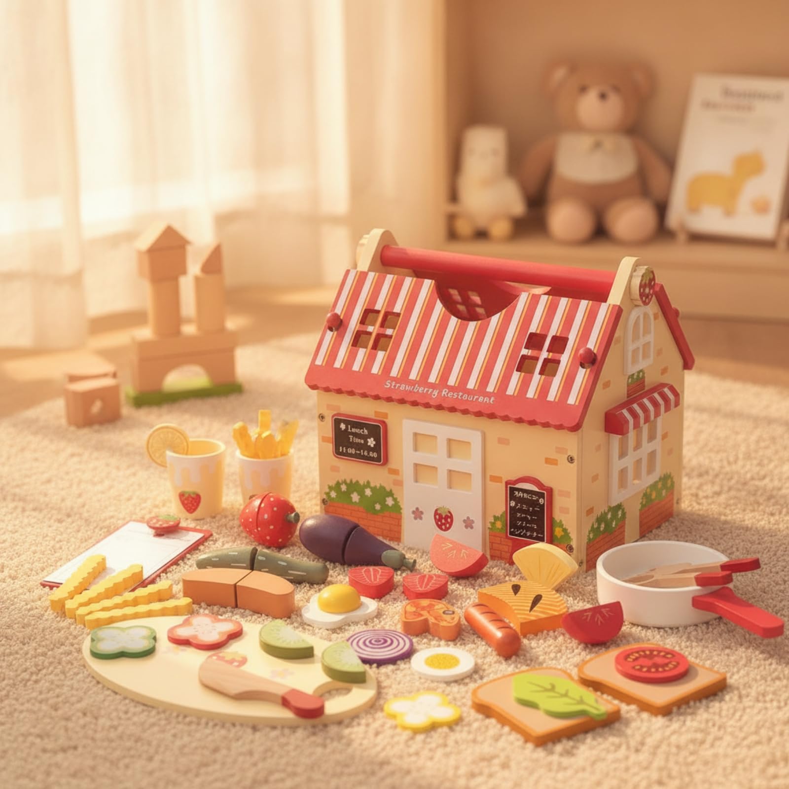 Cibo Finto in Legno con Scatola | Didattico, Set Ristorante Giocattolo in Legno, Naturale, per Casa, giochi, Scuola Dell'infanzia