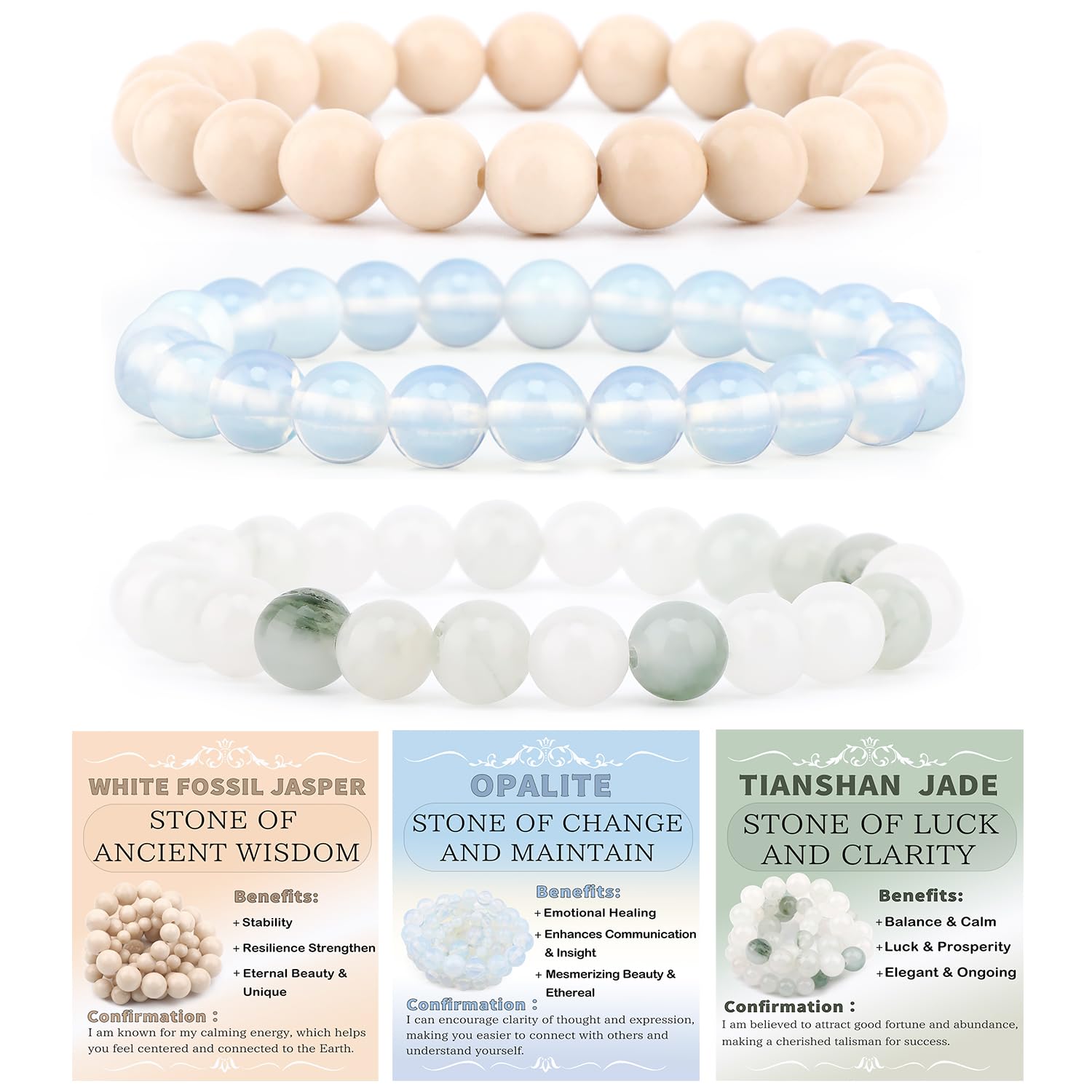 NCB 3-Piece 8mm Natural Crystal Gemstone Stretch Bracelets | Handmade Reiki Energy Healing Jewelry for Meditation, Yoga, Unisex - main product image