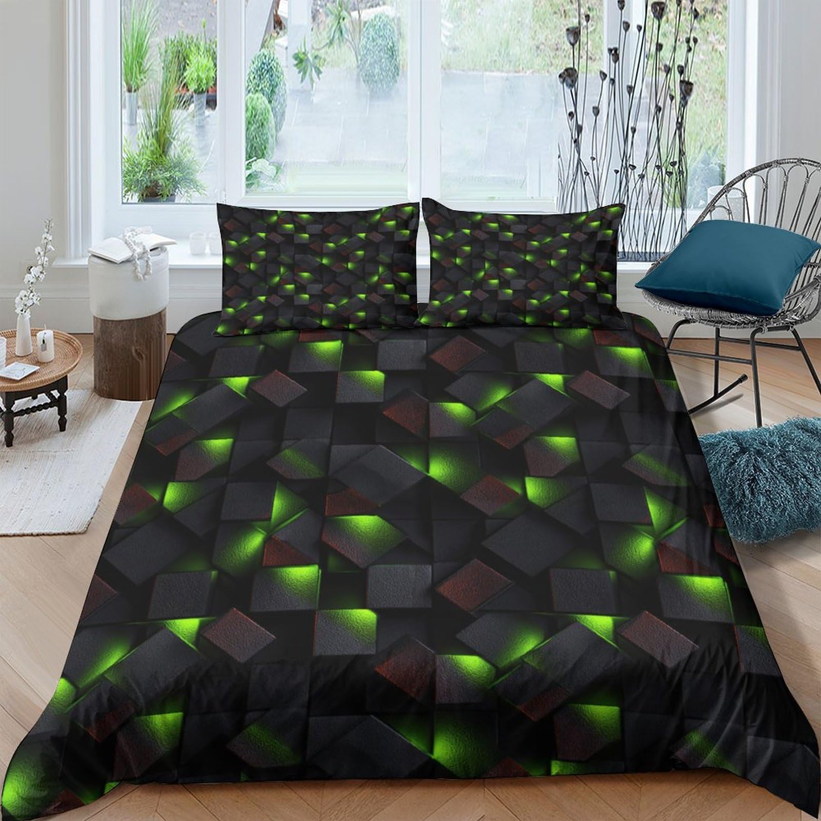 GPLZQXKJNH 3D Printed Neon Cube Duvet Cover Microfiber Soft Breathable Geometric Bedding Set with 2 Pillowcases for Bedroom Decor Single（135x200cm）