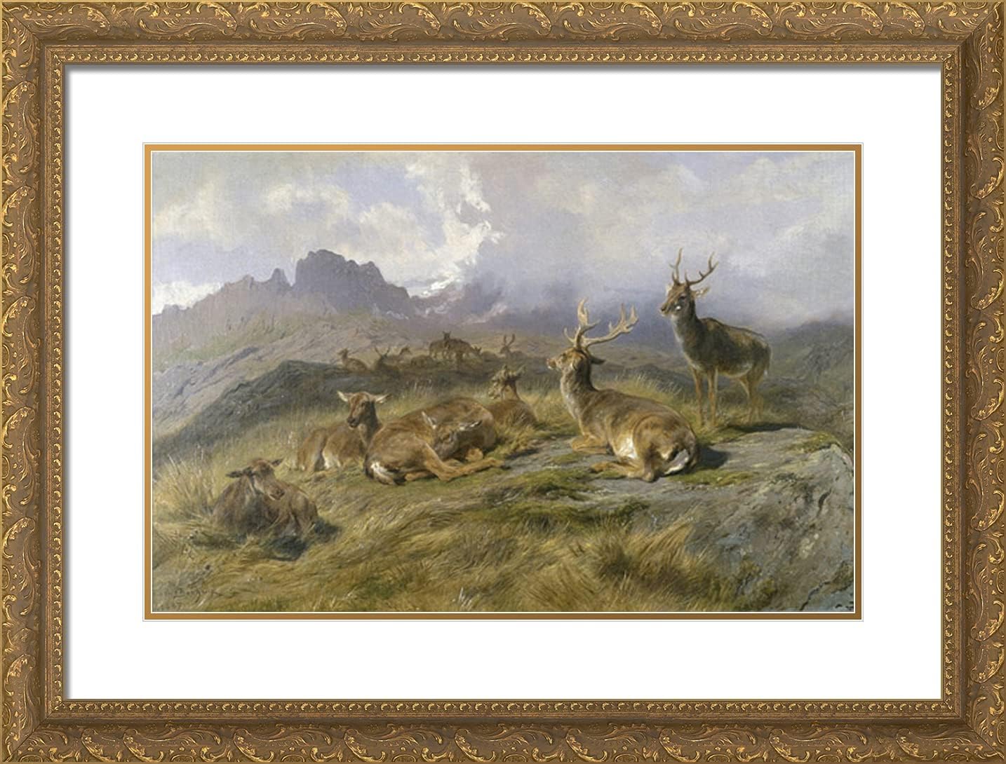 ArtDirect Bonheur Rosa 24x18 Gold Ornate Framed Art Print with Double Matting Titled: Landscape With Deer