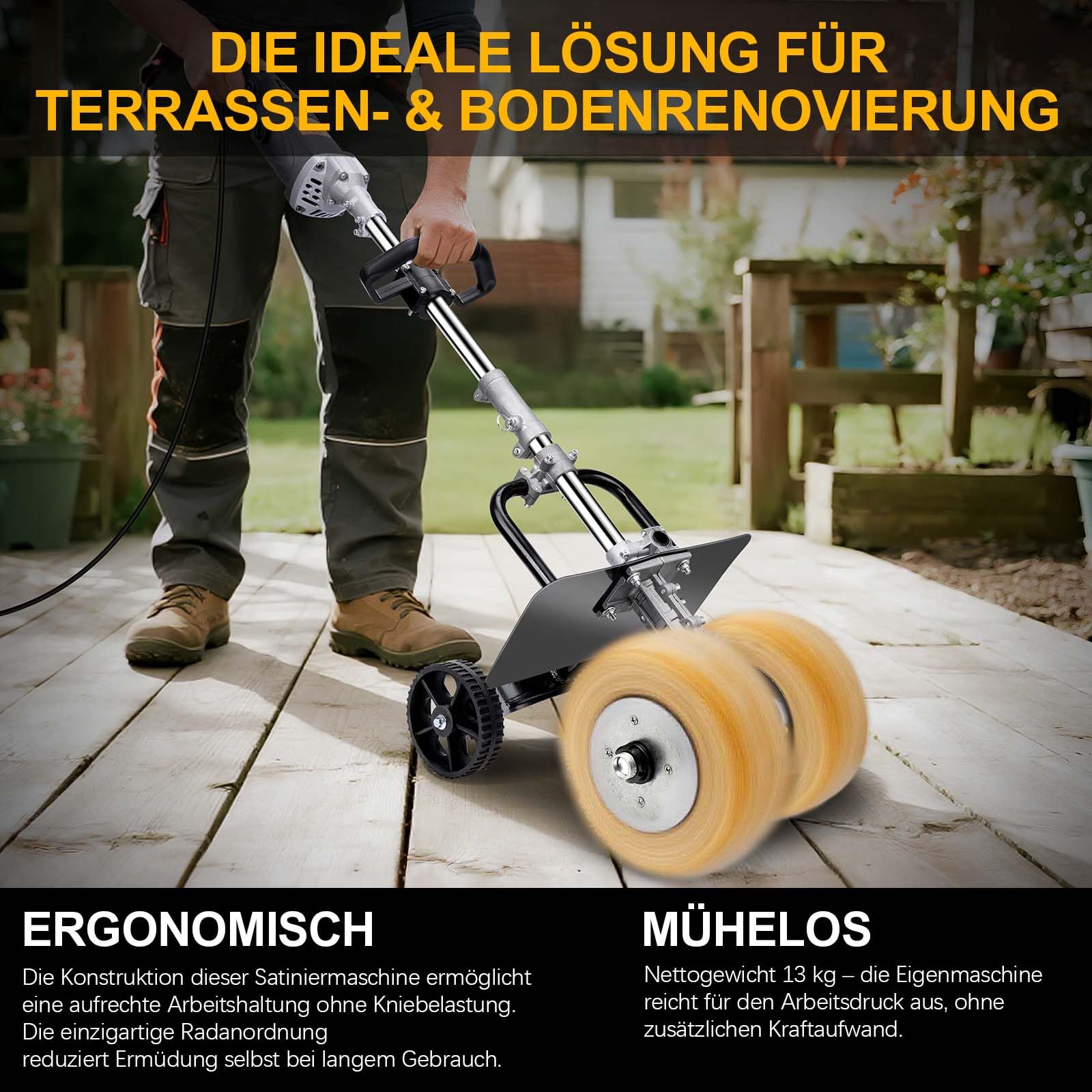 3850W Satiniermaschine für Holz Metall, 2X Schleifbürste Ø180mm, 6-Gang | 4000U/m, 94dB, zum Naturstein Fliesen Kunststoff Lackfläche, Bürstenschleifer Schleifmaschine mit Handgriff