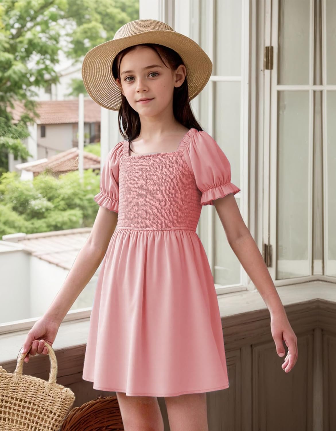 JiAmy Girls Summer Dress Ruffle Puff Sleeve Casual Dresses for Kids Square Neck Smocked Flowy Dress 5-14 Y - Image 2