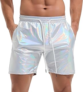 AMY COULEE Mens Metallic Shorts 5" Shiny Holographic Disco Shorts Outfit Sparkly Rave Hot