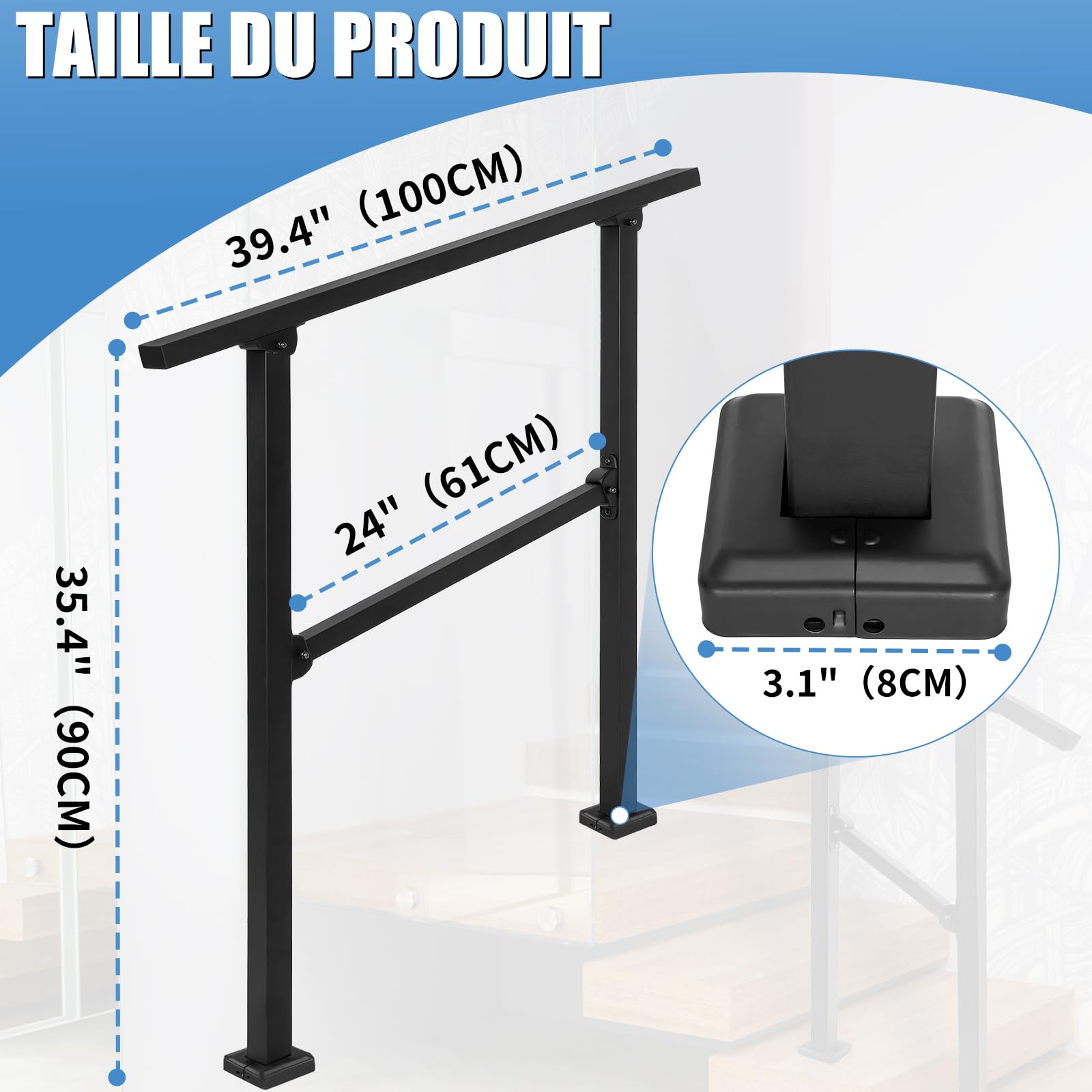 OUUTMEE Main Courante d'Escalier pour 2 à 3 Marches, 100CM | Rampe d'Escalier pour Extérieur, Fer Forgé, Garde-Corps Réglable, Pour Escalier Balcon Porche Jardin Garage