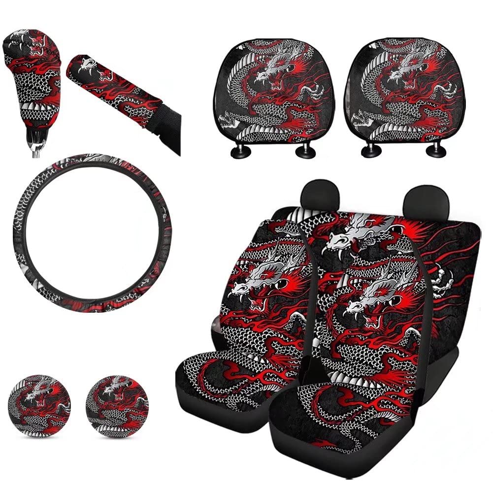KEIAHUAN Cool Dragon Car Accessories Set, Front and Rear Seat Covers, Steering Wheel Cover, Car Coasters, Headrest Cover Gear Shift Knob Cover with Handbrake Cover for Women Men