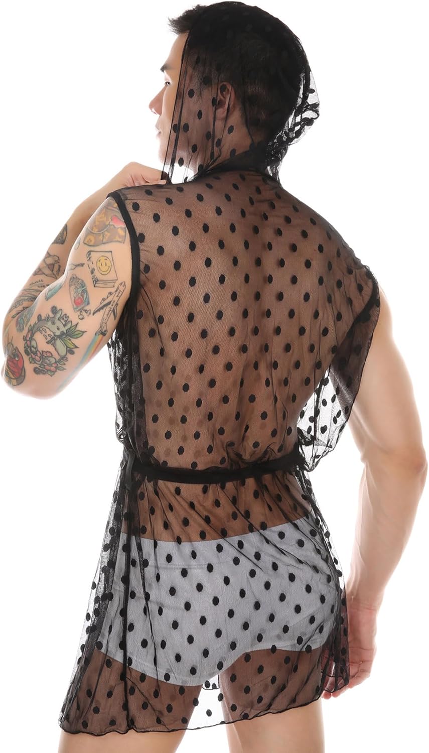 ABAFIP Men's Lingerie Nightgown Hoodie Sheer Mesh Robe