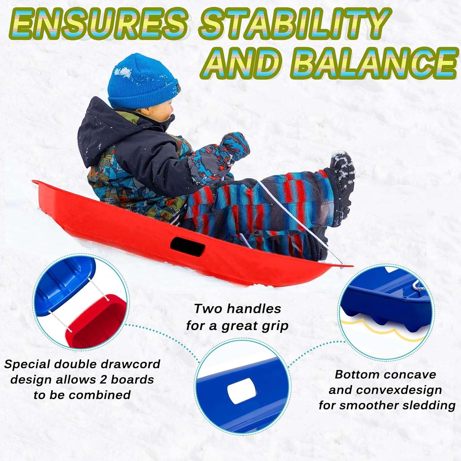 Snow Sled, Sleds for Kids and Adults, Plastic Toboggan Sled with 2 Handles & Pull Ropes, for 1-2 Riders, Best Winter Outdoor Gift (Pink and Blue)