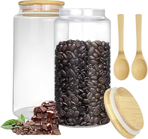 Miniatura 8 de Tarros de café de vidrio con cucharas, recipiente de almacenamiento transparente con tapa de bambú, tarro de almacenamiento de despensa para