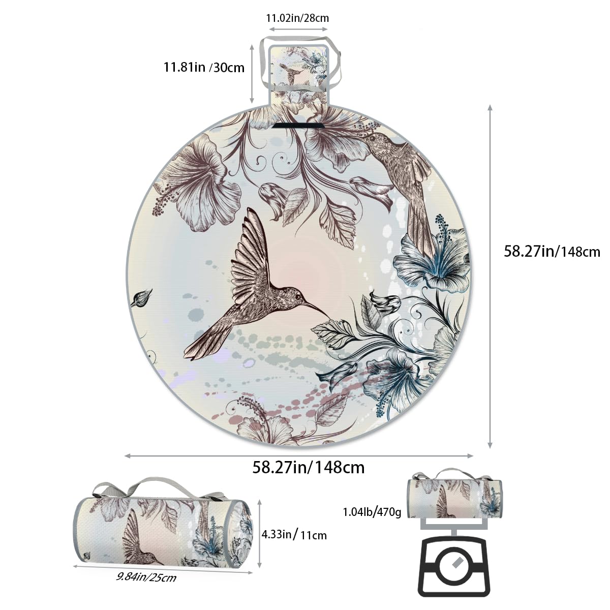 Shimoshe Hibiscus Hummingbird Picnic Outdoor Blanket Foldable Waterproof Sandproof Beach Blanket Portable Water-Resistant Round Picnic Mat for Travel Camping Park Lawn