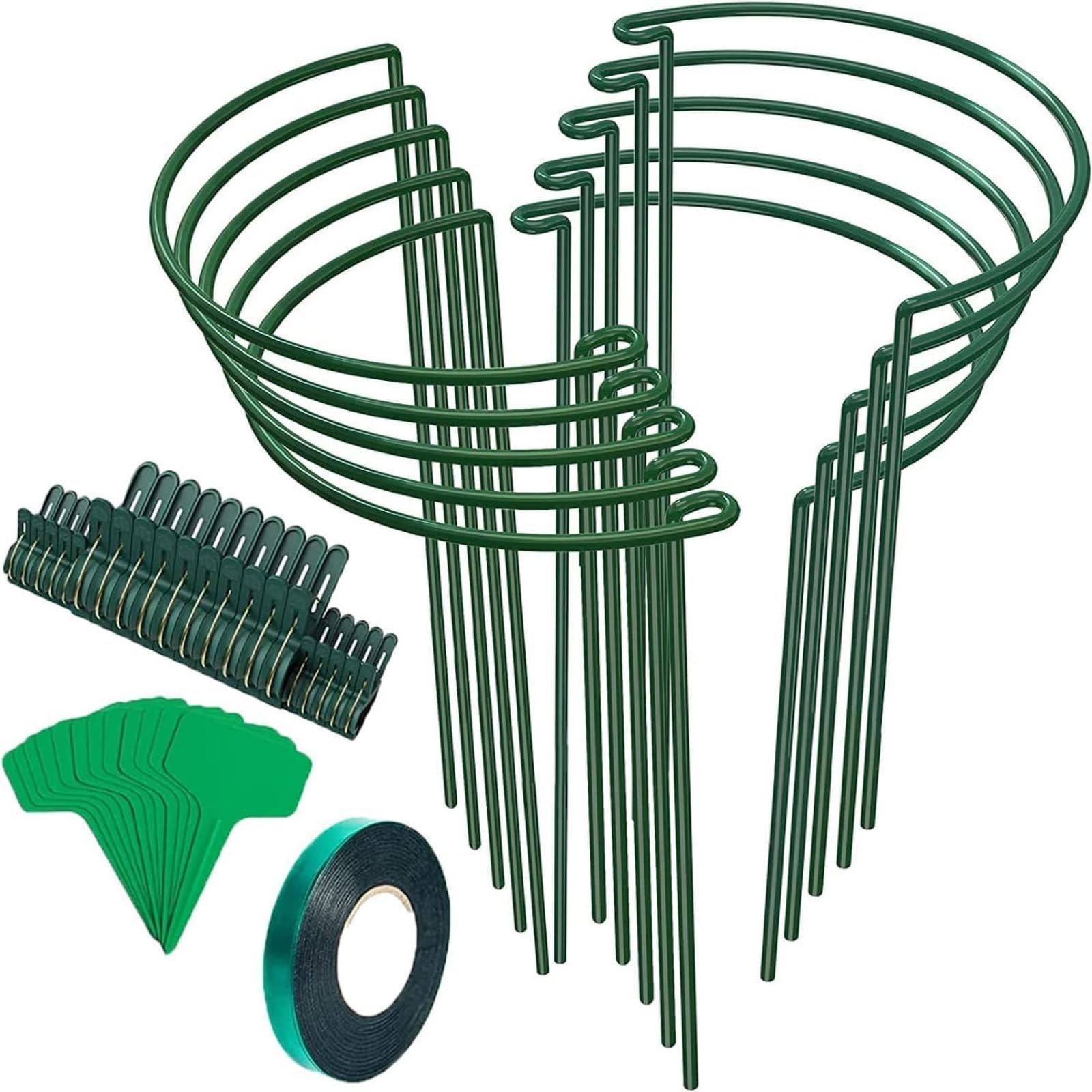 Unves 10 Pack Plant Support Stakes, 10" W x 16" H Half Round Peony Cages and Supports, Metal Peony Cage Plant Ring for Outdoor Plants Tomato Flower Vine, with Garden Labels, Clips and Ties