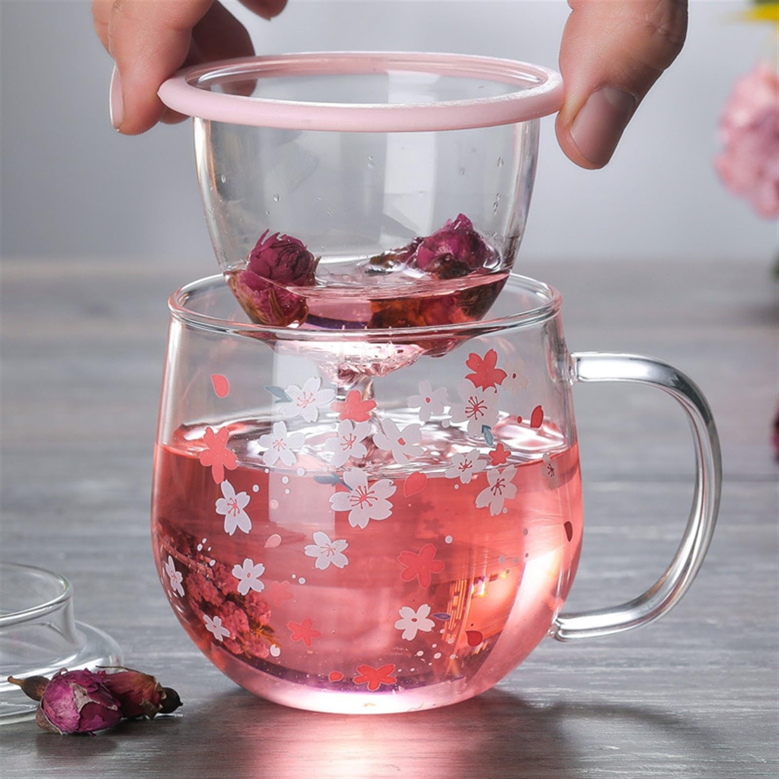 Kubek 300ml Kubek szklany z zaparzaczem do herbaty Filtr i pokrywka Zestaw kubków Kwiaty Kwiatowy kubek do herbaty Przezroczyste odporne na ciepło szklanki Kubek do kawy