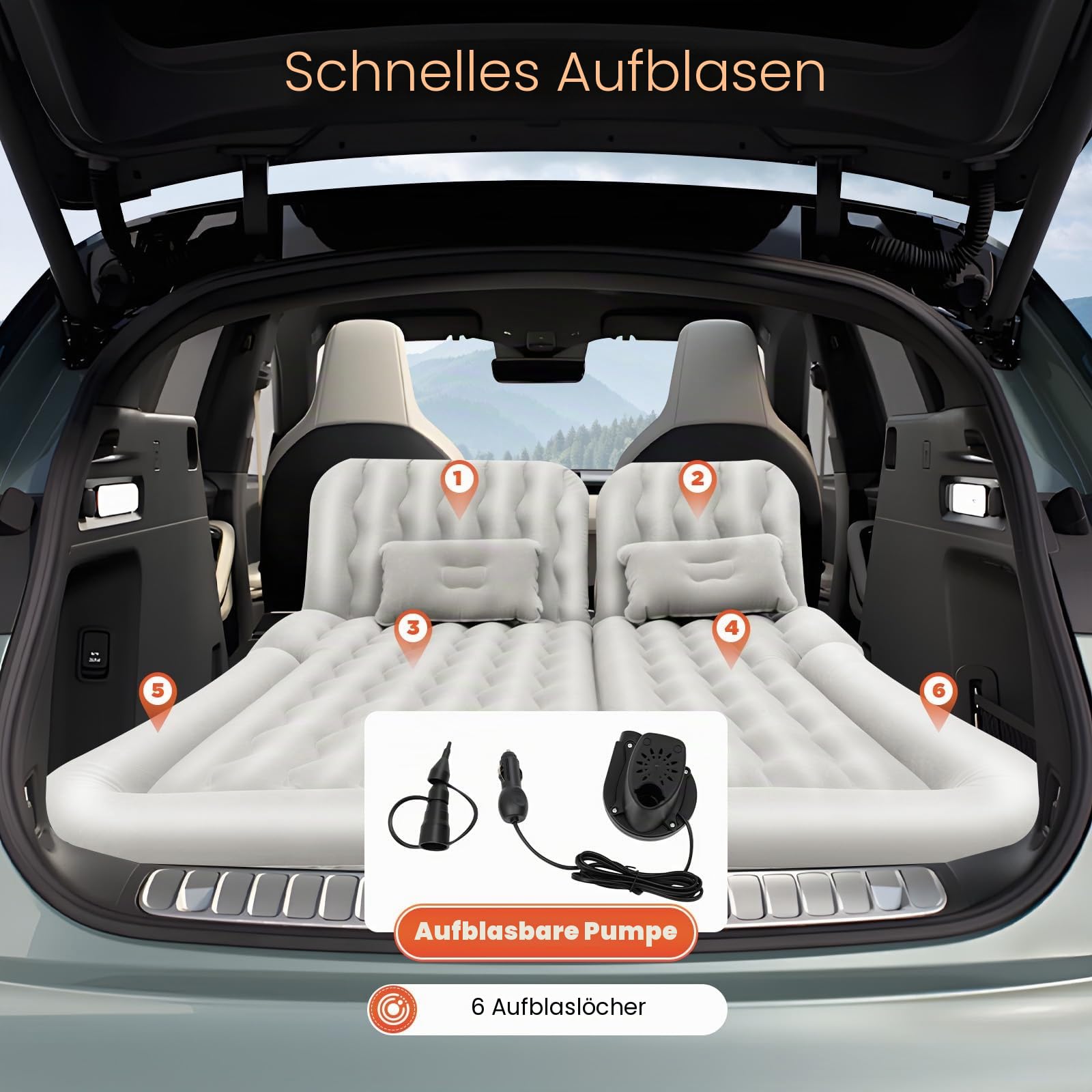 Auto Luftmatratze SUV Aufblasbare Matratze Luftbett Camping Faltbare Luftmatratze Auto mit 2 Kissen & Aufblasbare Pumpe Doppelseitige Verdickte Beflockung für Reisen, Camping (Grau)