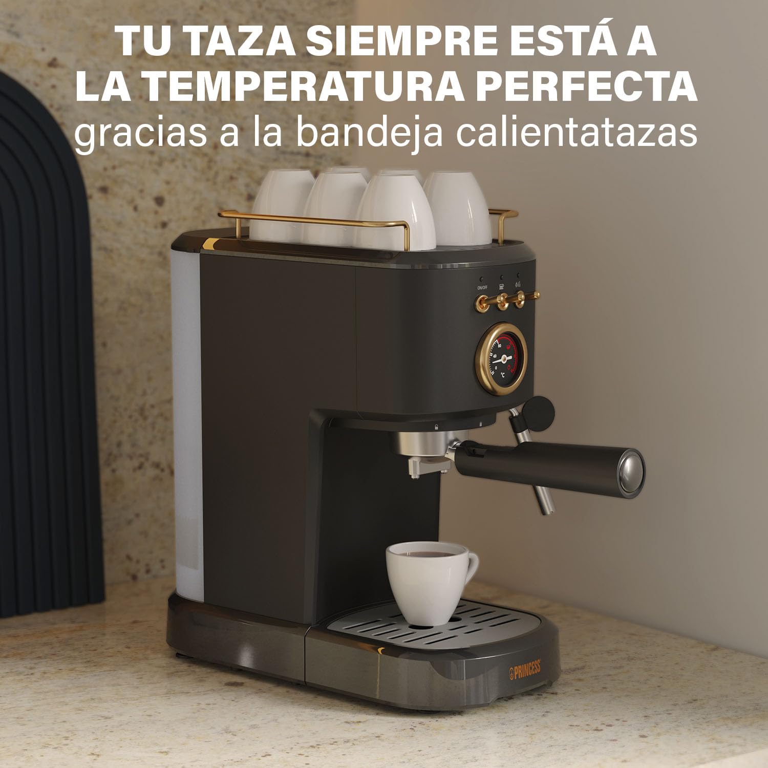 Princess Máquina de Espresso, 1100W, 20 Bares, Calentador de Tazas, Boquilla de Vapor, Depósito 1,2L, Para Café Molido y Cápsulas, Fácil de Limpiar, Apagado Automático, 01.249417.01.001