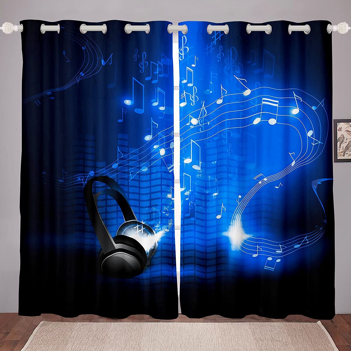 Loussiesd Kids Boys Curtains Girls Musical Notes Window Curtain,Black Blue Headphones Curtain for Teens Toddler Adults Cute Music Room Decor Windows Drapes Headset Window Treatments Curtains W46*L72