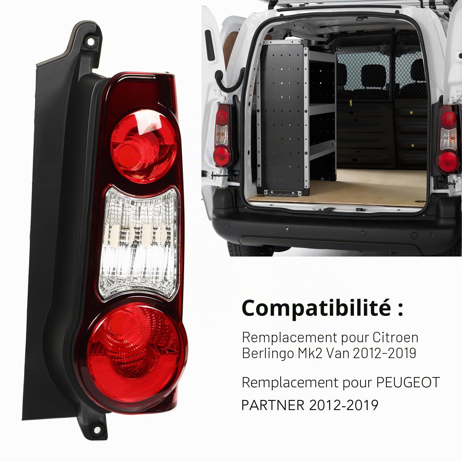 Aramox Feu Arrière Droit, Feu Stop et Clignotant, Compatible avec Mk2 Van et Partner 2012-2019, Remplacement 9677205480