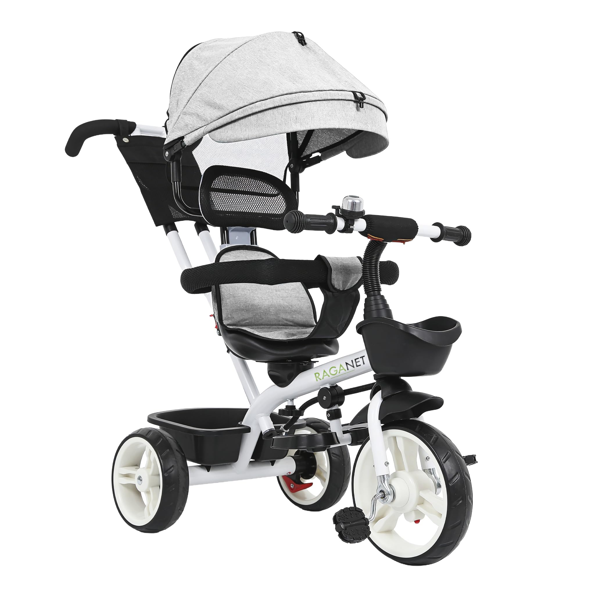 Raganet, Triciclo para Bebé 3 en 1 Tipo Carreola con Toldo, Cinturón de Seguridad, Estructura de Acero, Capacidad 30 kg, Triciclo Infantil para Niños de 1 a 5 Años (Gris)