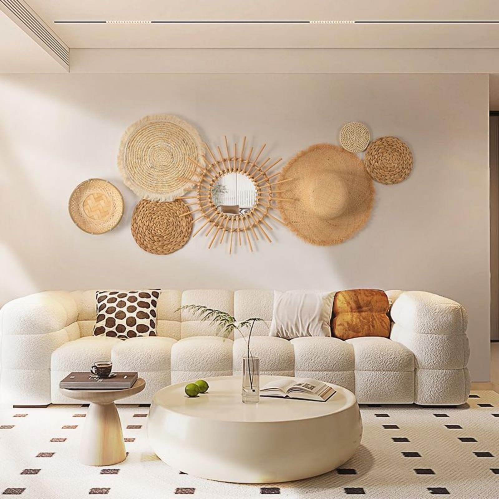 AQCQDQ Wandkorb Dekoration, Boho Dekor, Schlafzimmer Wanddekoration, Hängende Rattan Geflechtkörbe, Rustikale Wandkunst Dekoration (Kombination1-7 teiliges)